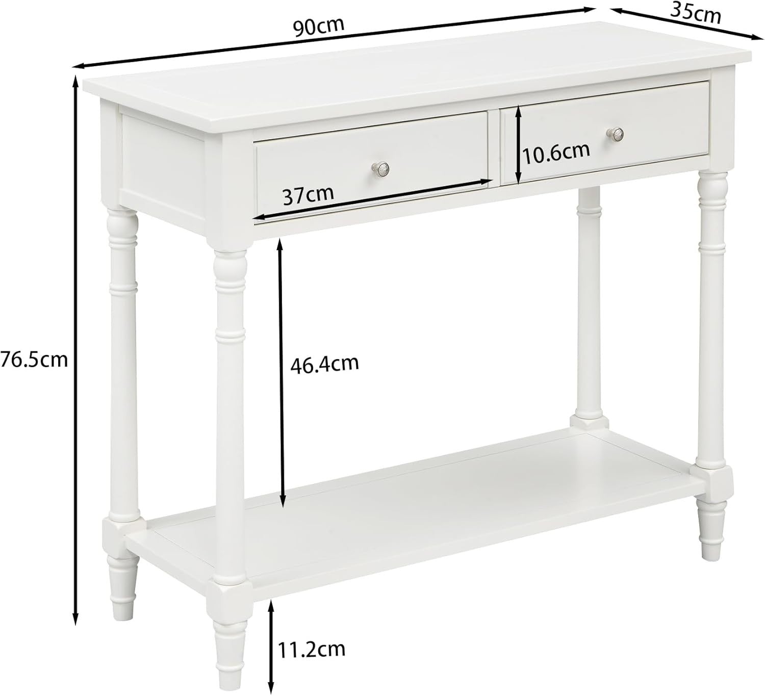 White Solid Wood Console Table 90x35x77cm with 2 Drawers & Shelf