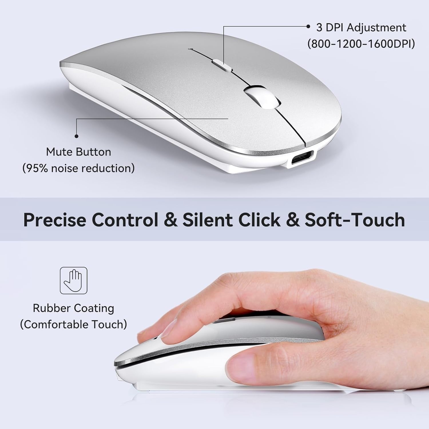 Slim Rechargeable Wireless Mouse USB-C USB-A Silent Click Laptop PC Mac