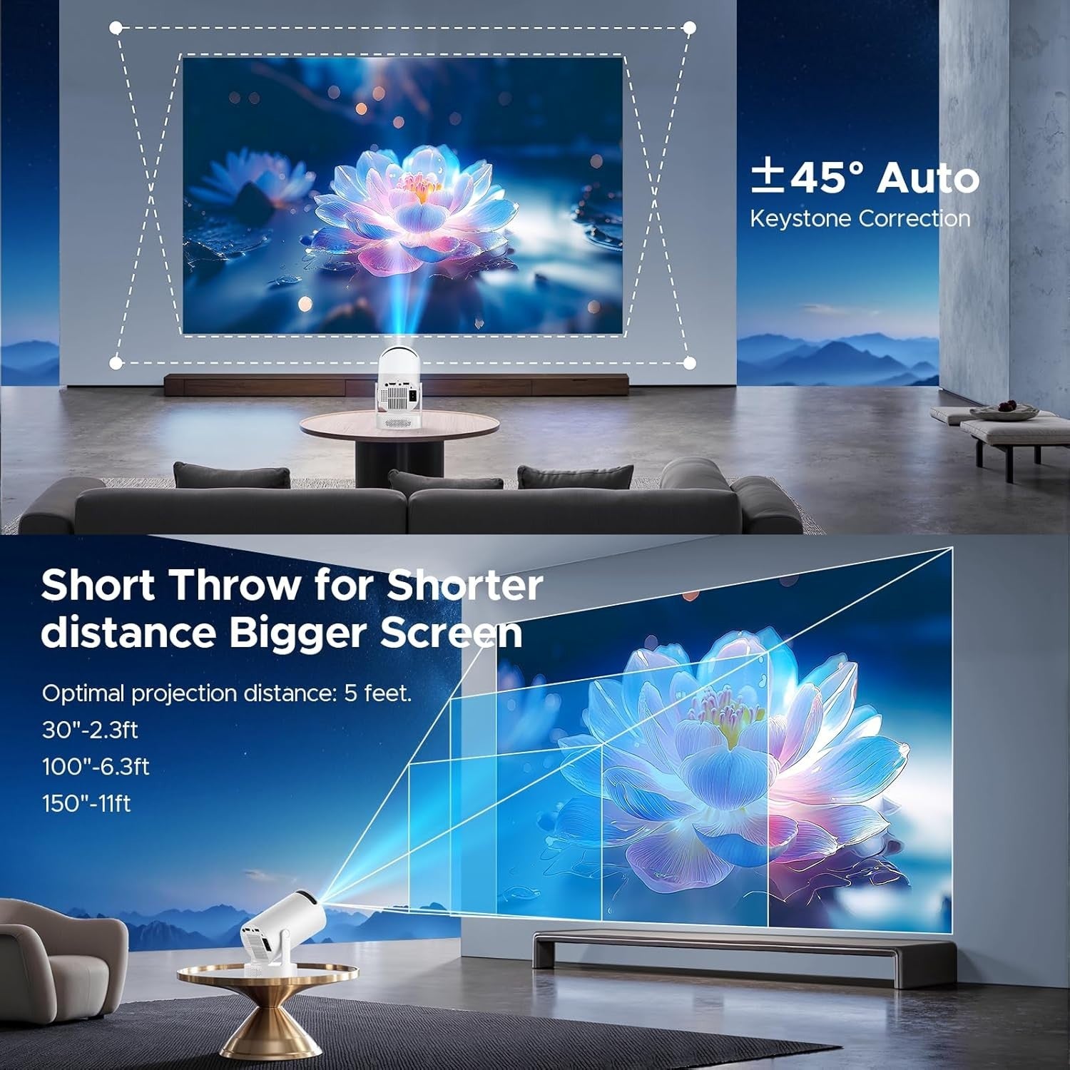Mini Smart Projector 4K Support Android 11 WiFi 6 BT Portable 220°