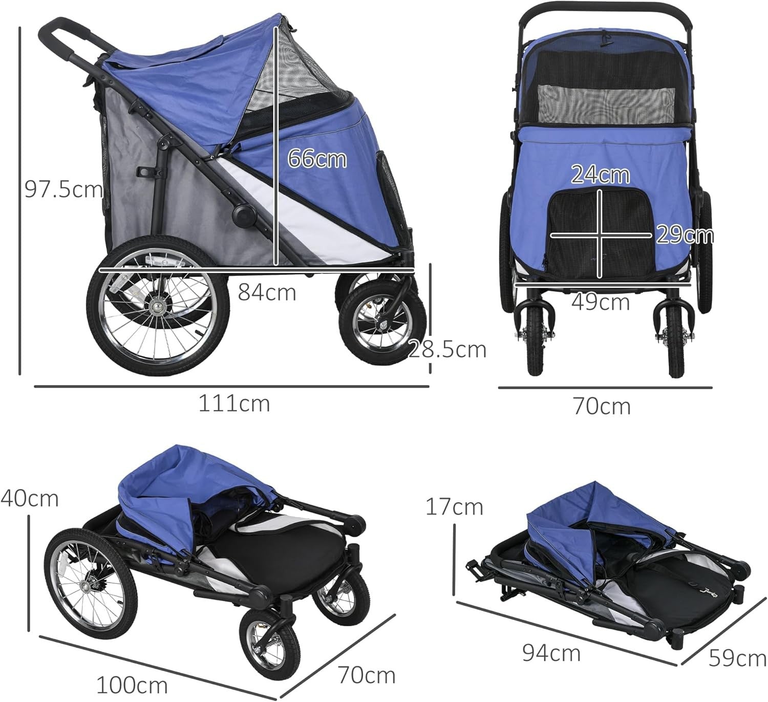 Blue Large Dog Stroller Jogger Foldable Pushchair with Cushion All Terrain