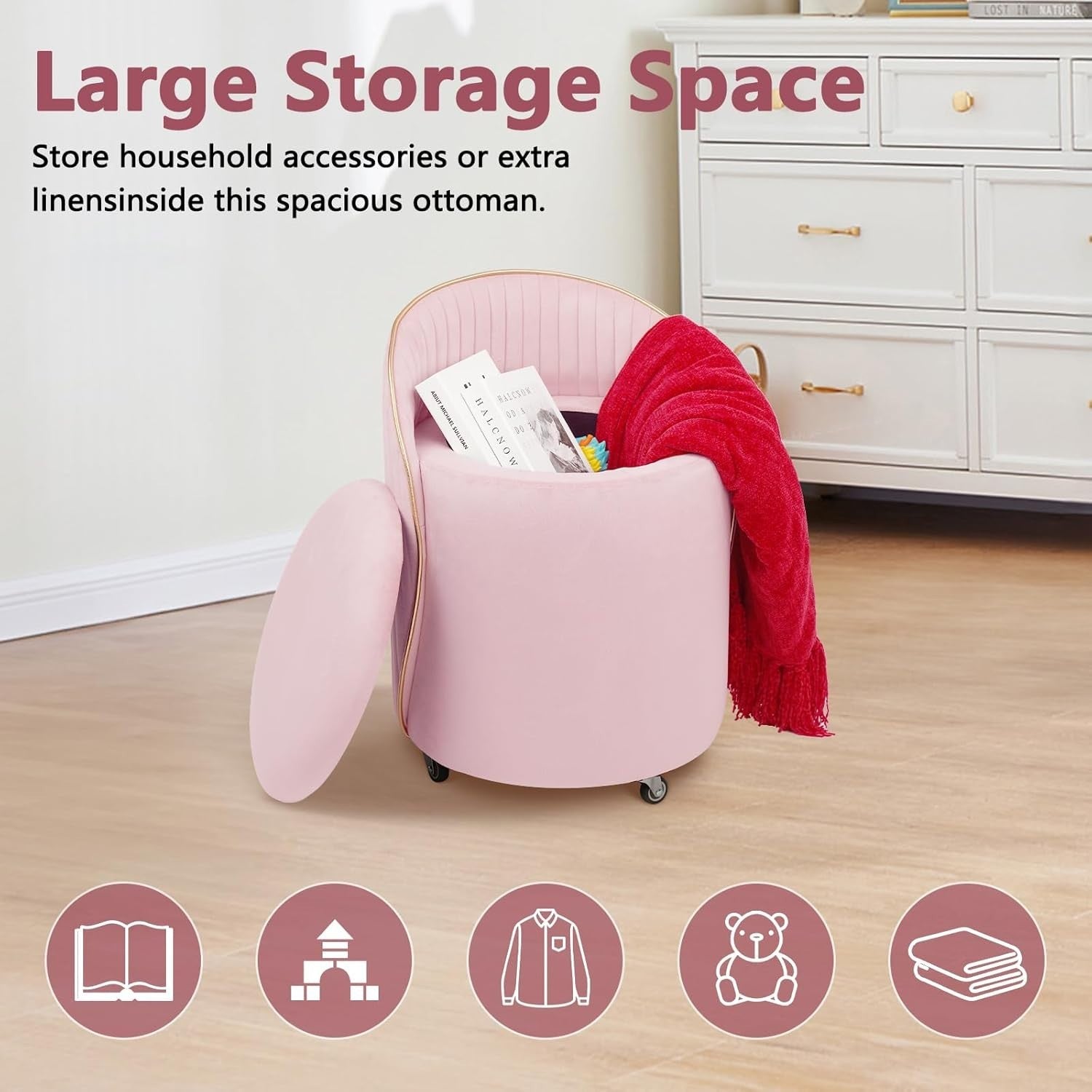 Pink Velvet Storage Ottoman Swivel Stool with Backrest & Wheels 37cm