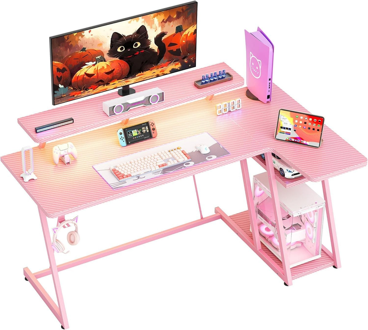 Pink 140cm L Shaped Gaming Desk with LED Lights, Monitor Stand & Shelves