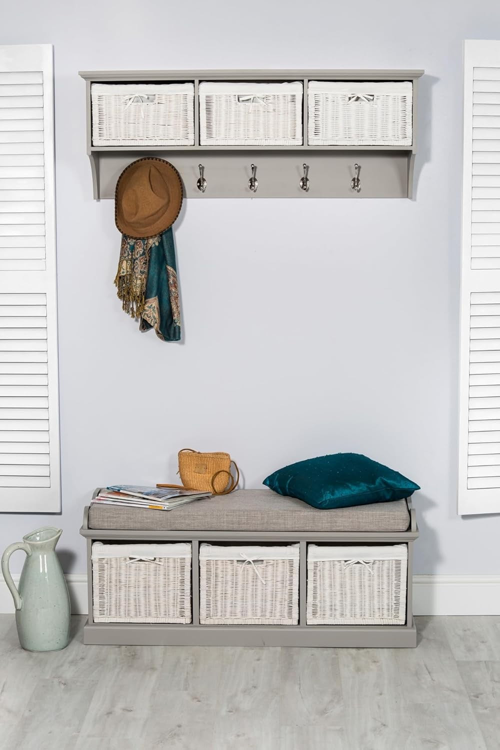 Dove Grey Wall Mounted Coat Rack 3 Wicker Baskets 5 Hooks Hallway Shelf