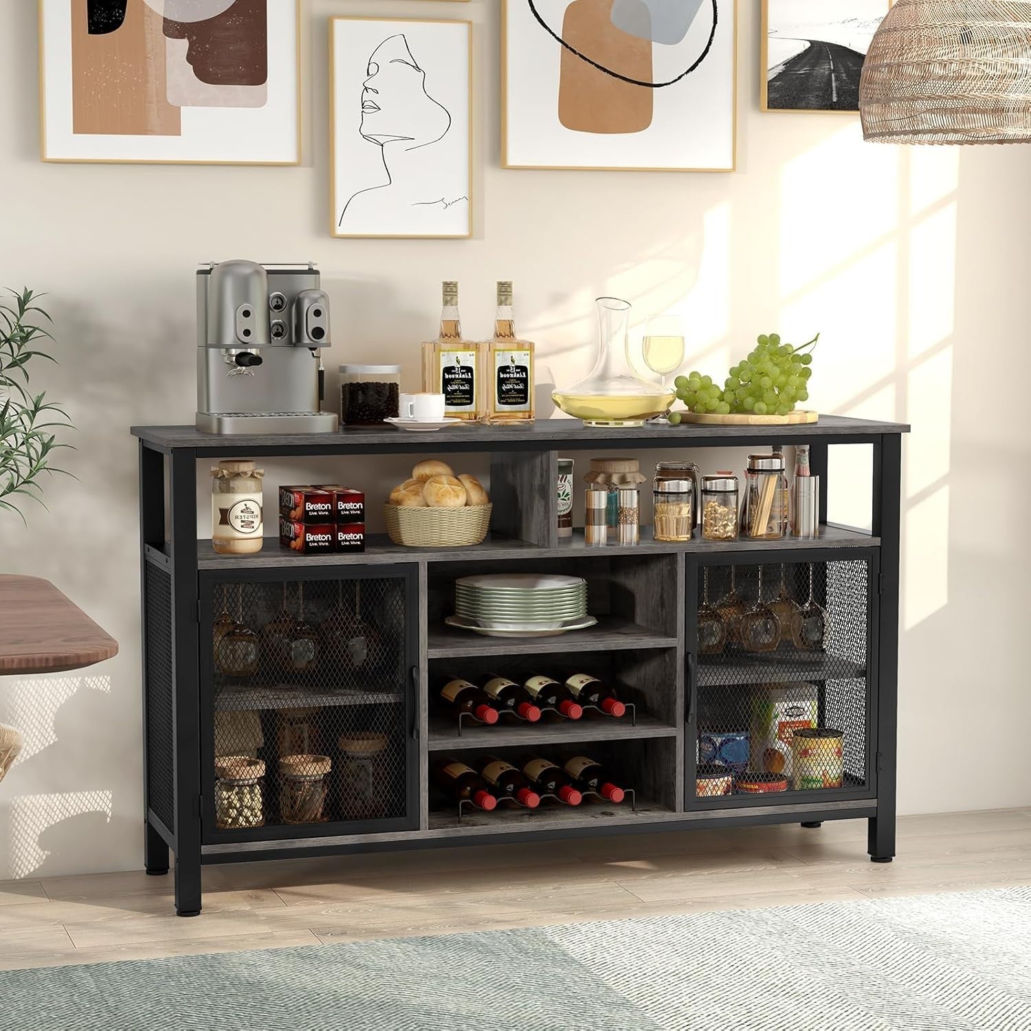 Industrial Sideboard Cabinet with Wine Racks Glass Holder Mesh Doors Gray Black