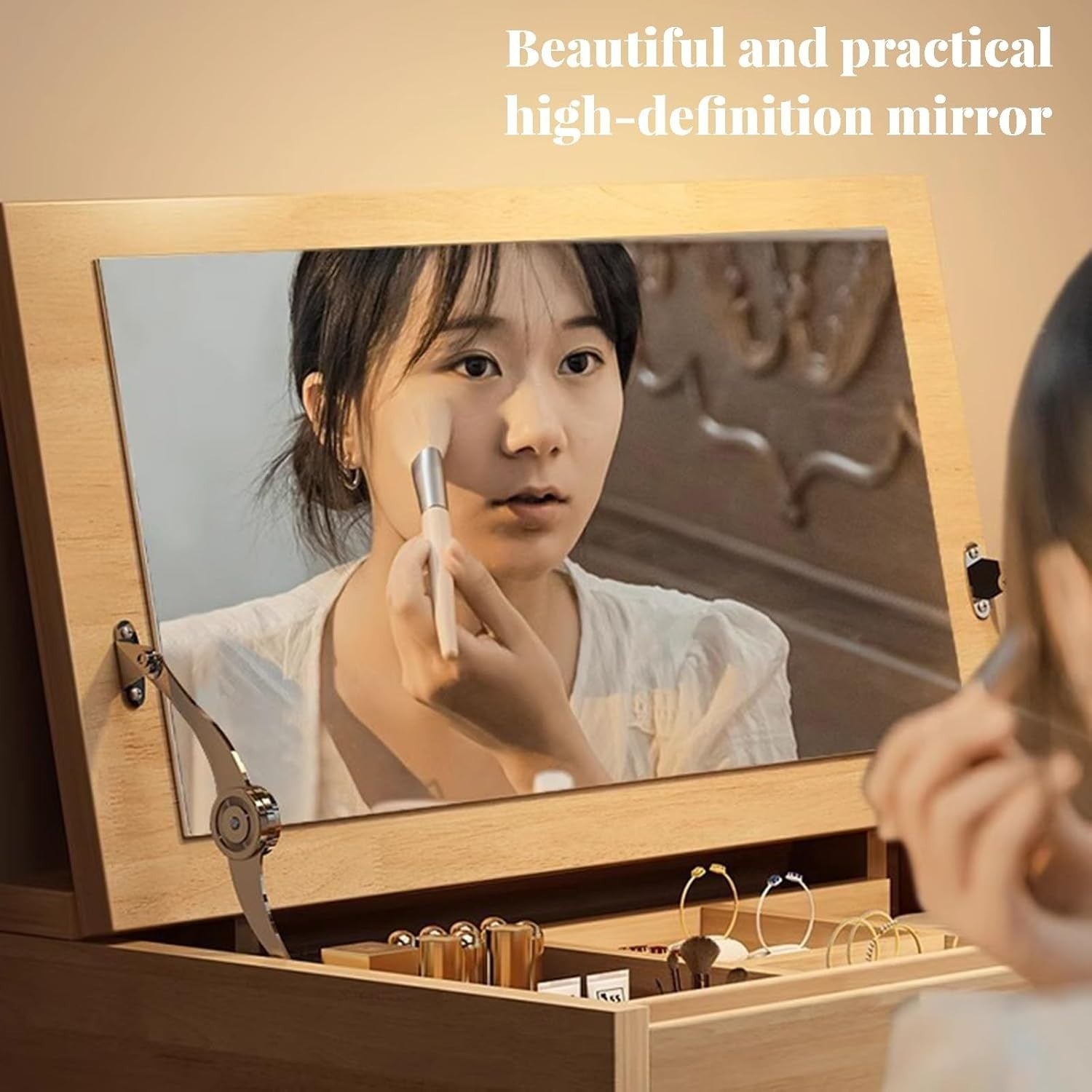 Flip Top Dressing Table Makeup Vanity Desk Rubberwood Mirror Stool Set