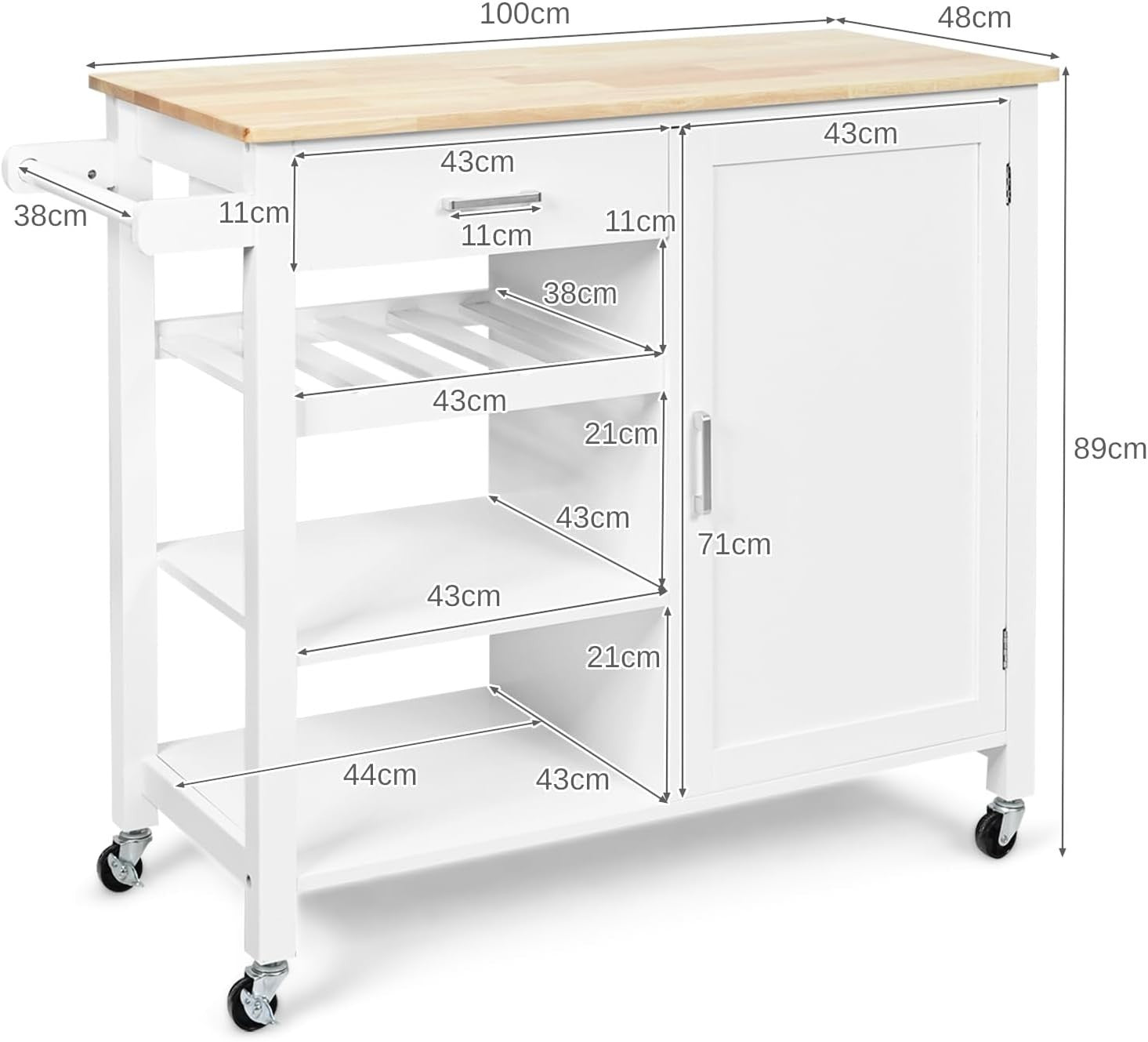 Rolling Kitchen Island Cart with Oak Top, Wine Rack, Drawer & Storage