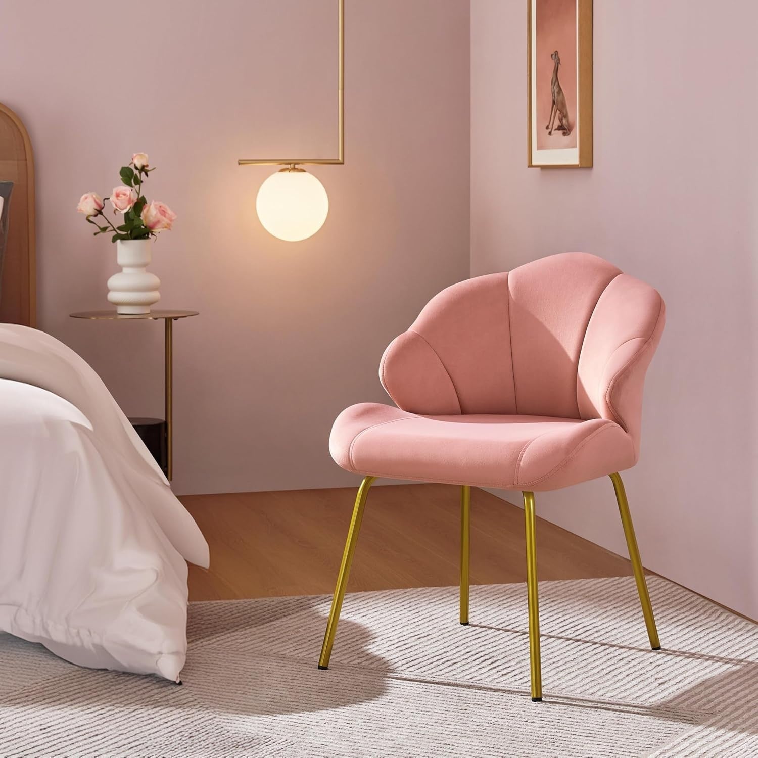 Velvet Accent Chair Shell Back Vanity Tub Seat Gold Legs Pink Office