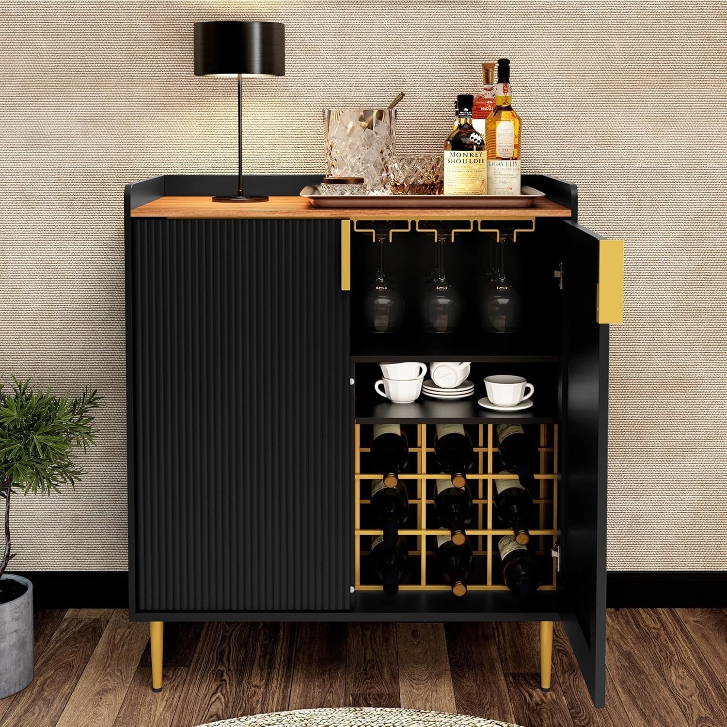 Modern Drinks Cabinet with Wine Rack & Glass Holders – 9 Bottle Sideboard