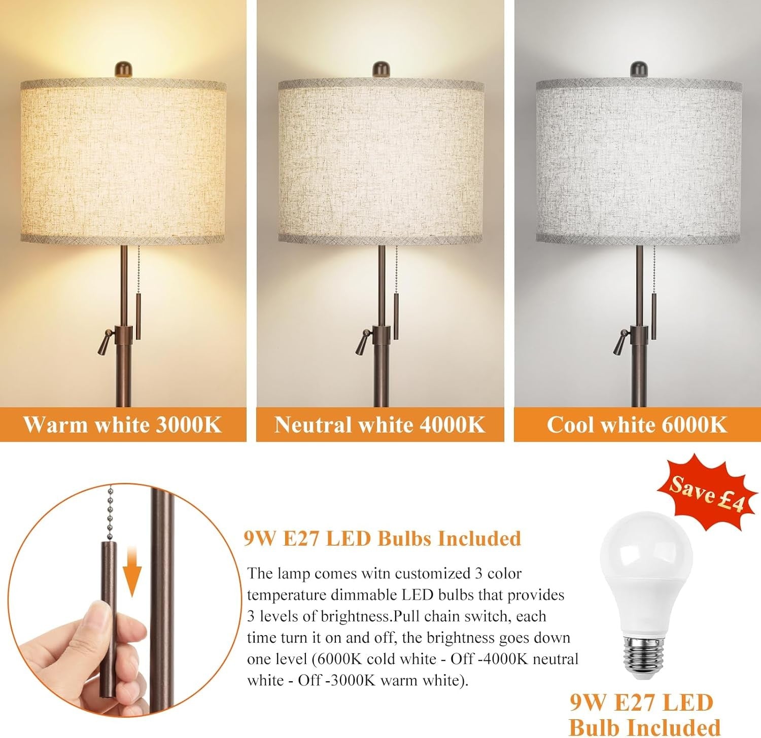 Modern Floor Lamp Height Adjustable Linen Shade 3 Colour Standing Light