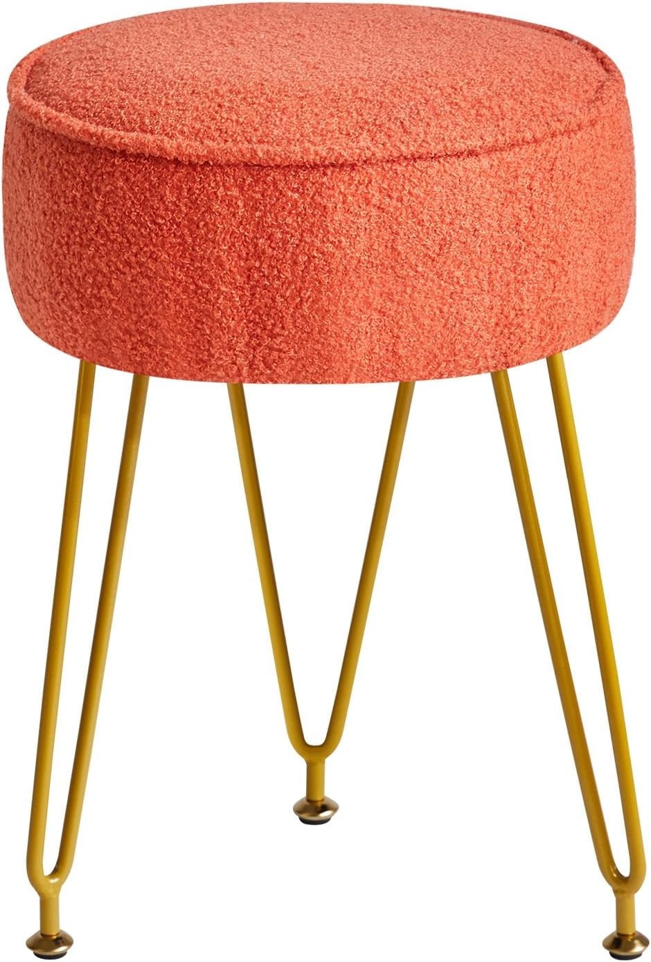 Orange Teddy Velvet Round Footrest Ottoman – Vanity Stool with Gold Legs