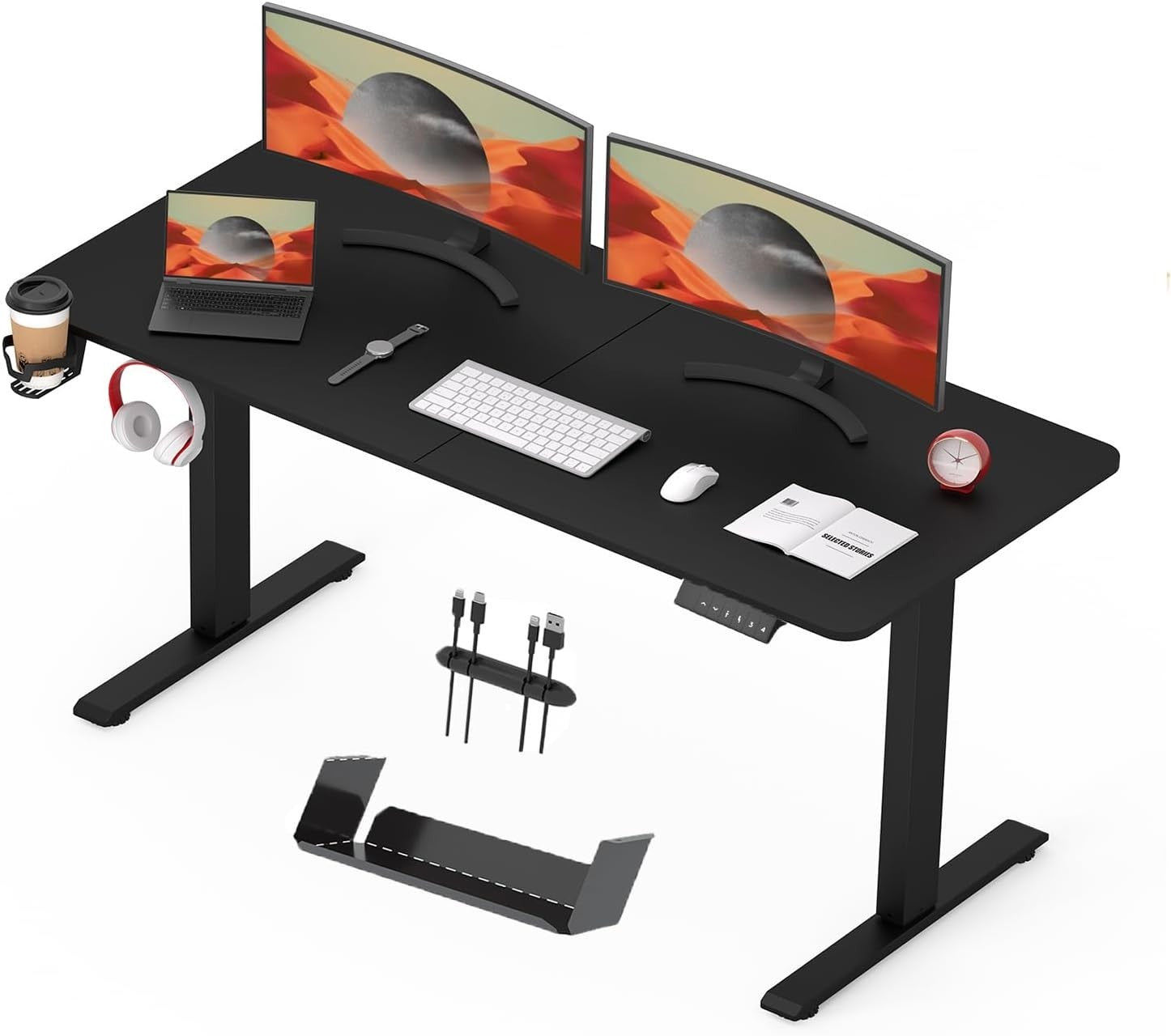 Electric Standing Desk 140x60cm Sit Stand Desk with Cable Tray & Hooks