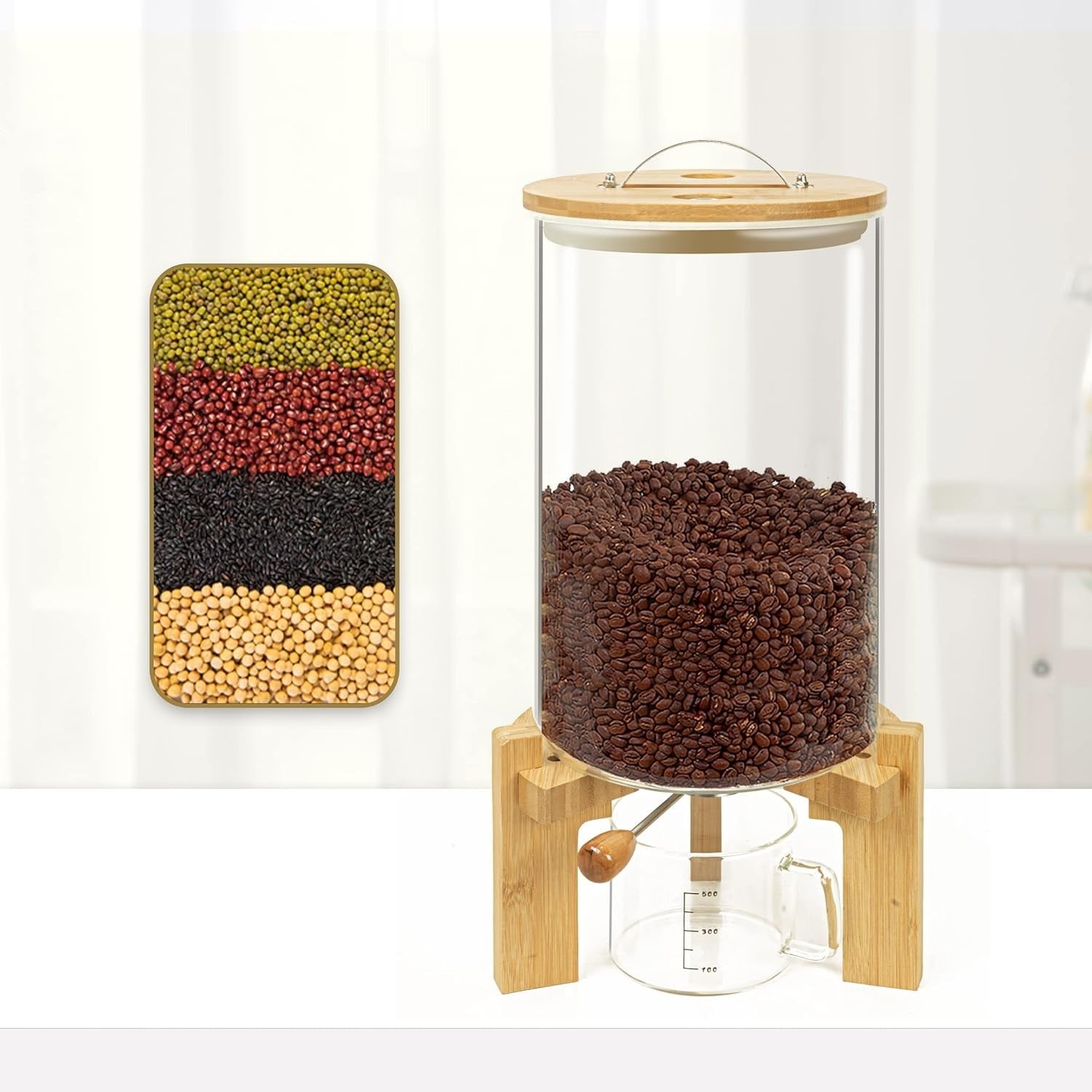 Glass Rice Dispenser 8L Airtight Grain Storage Jar Bamboo Stand Bin