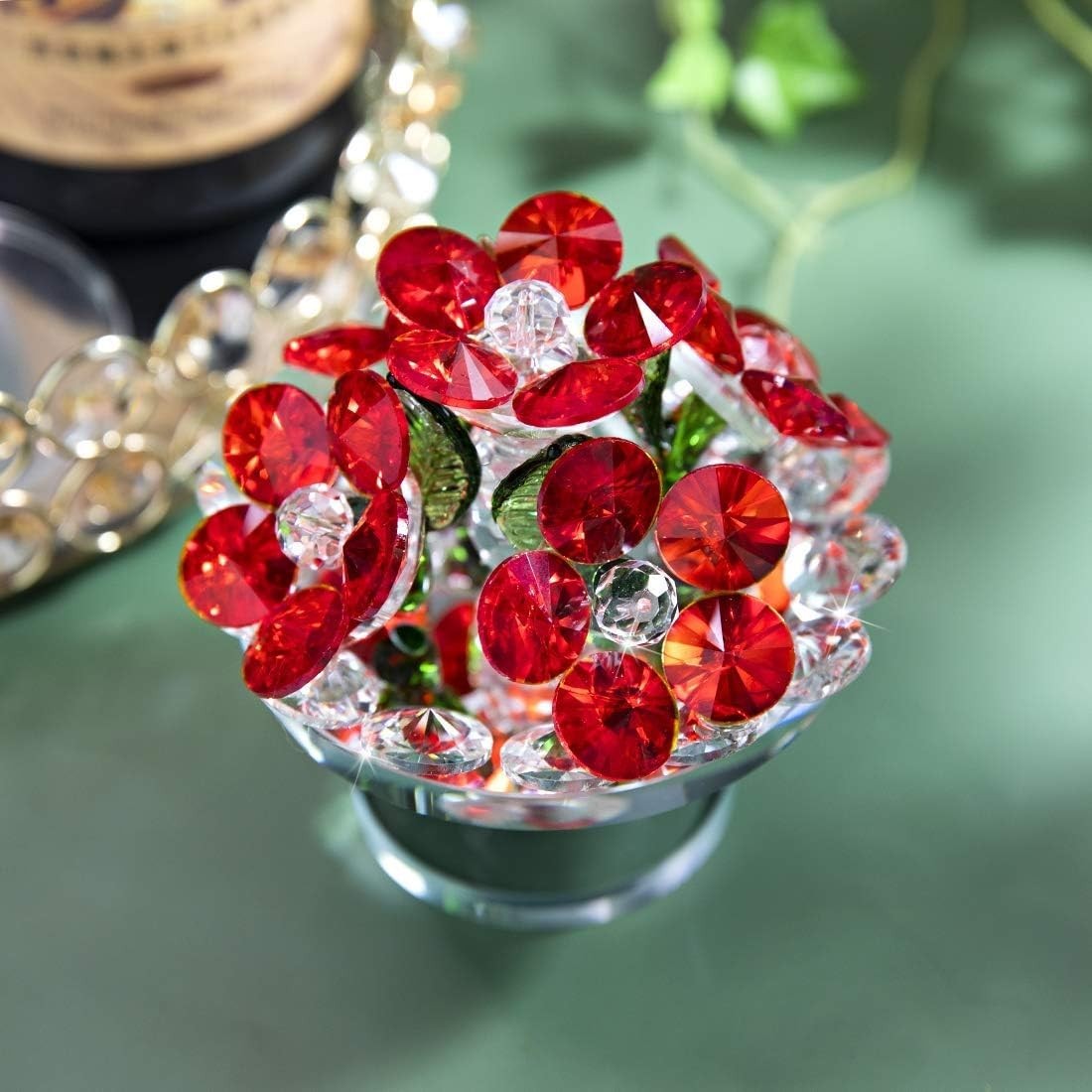 Crystal Red Flower Bouquet Ornament • K9 Glass Centerpiece • Elegant Home Décor
