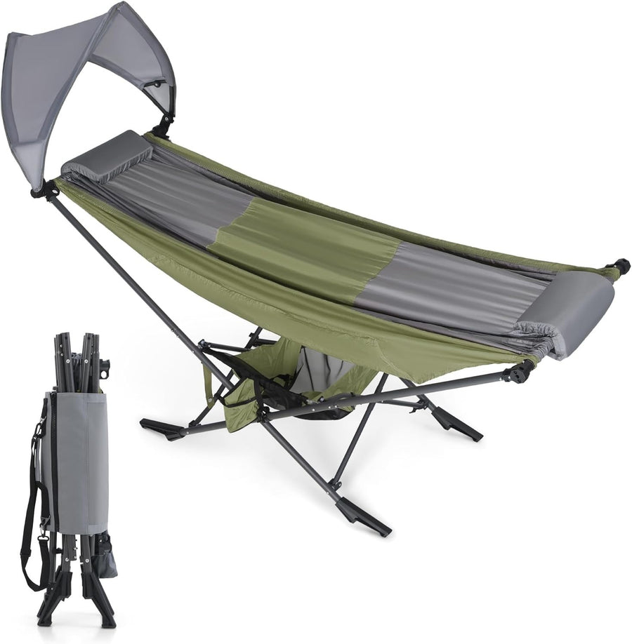 Green Portable Hammock with Stand & Adjustable Canopy | 168x76cm Heavy-Duty
