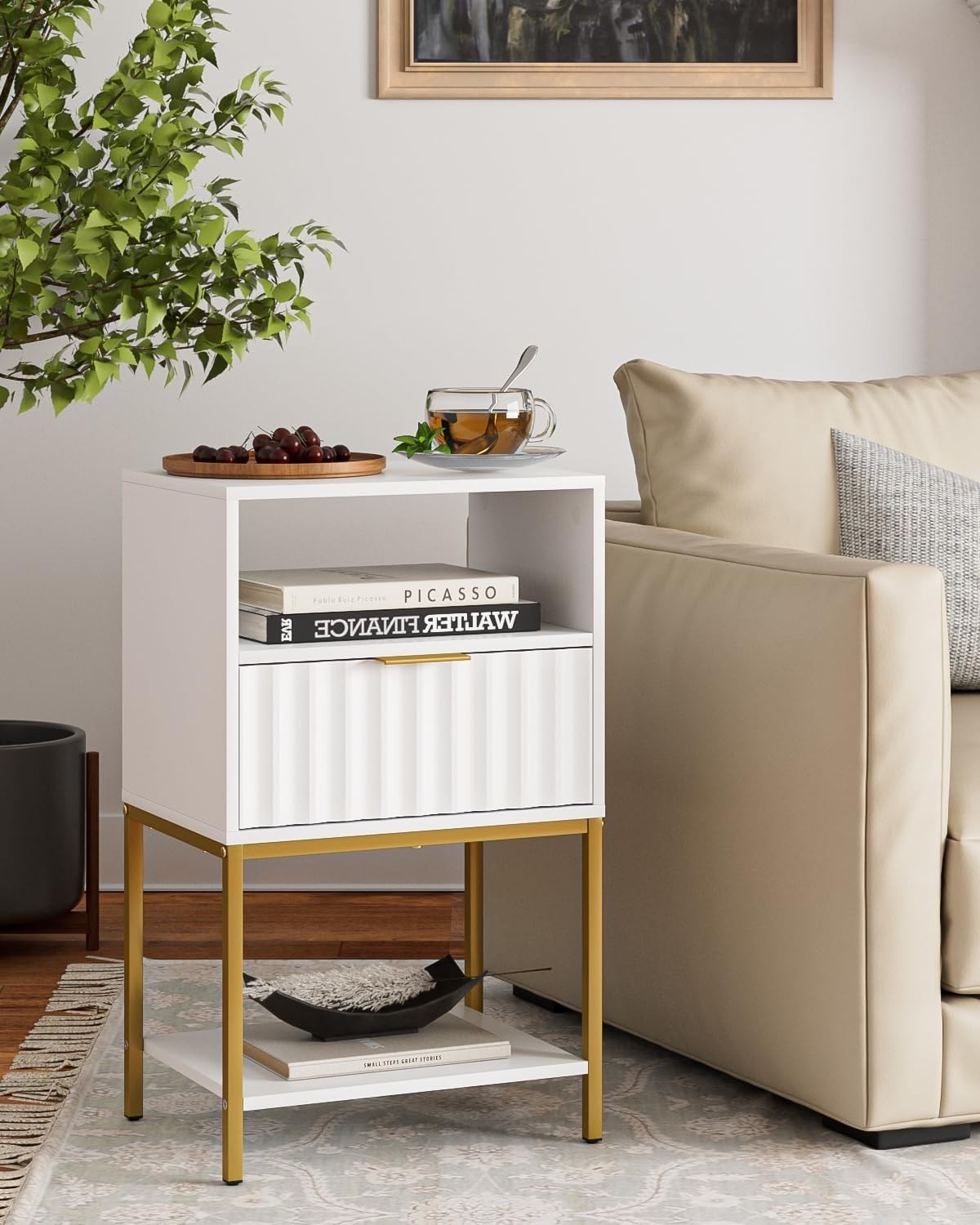White Bedside Table with Gold Frame – Modern 3-Tier Storage Side Table