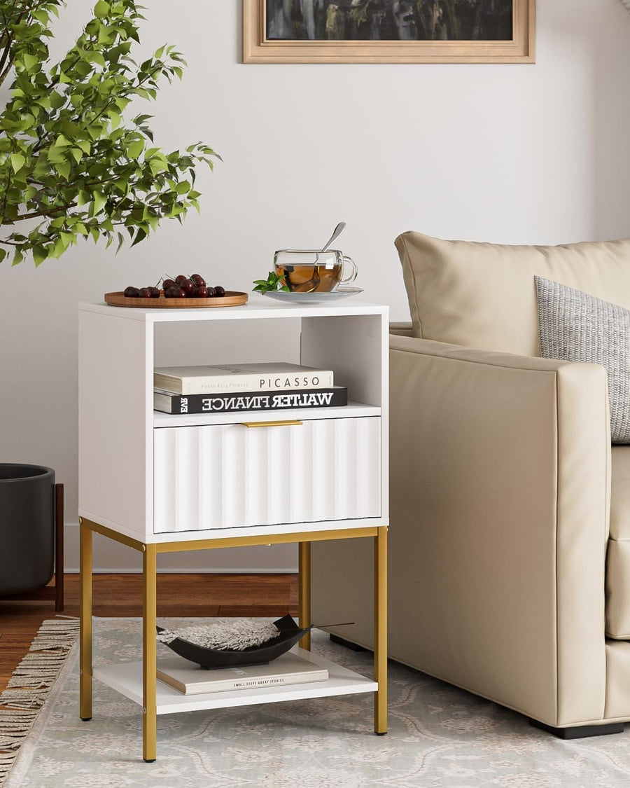 White Bedside Table with Gold Frame – Modern 3-Tier Storage Side Table