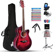 40" Acoustic Guitar Starter Kit Red Cutaway Steel String w/ Stand