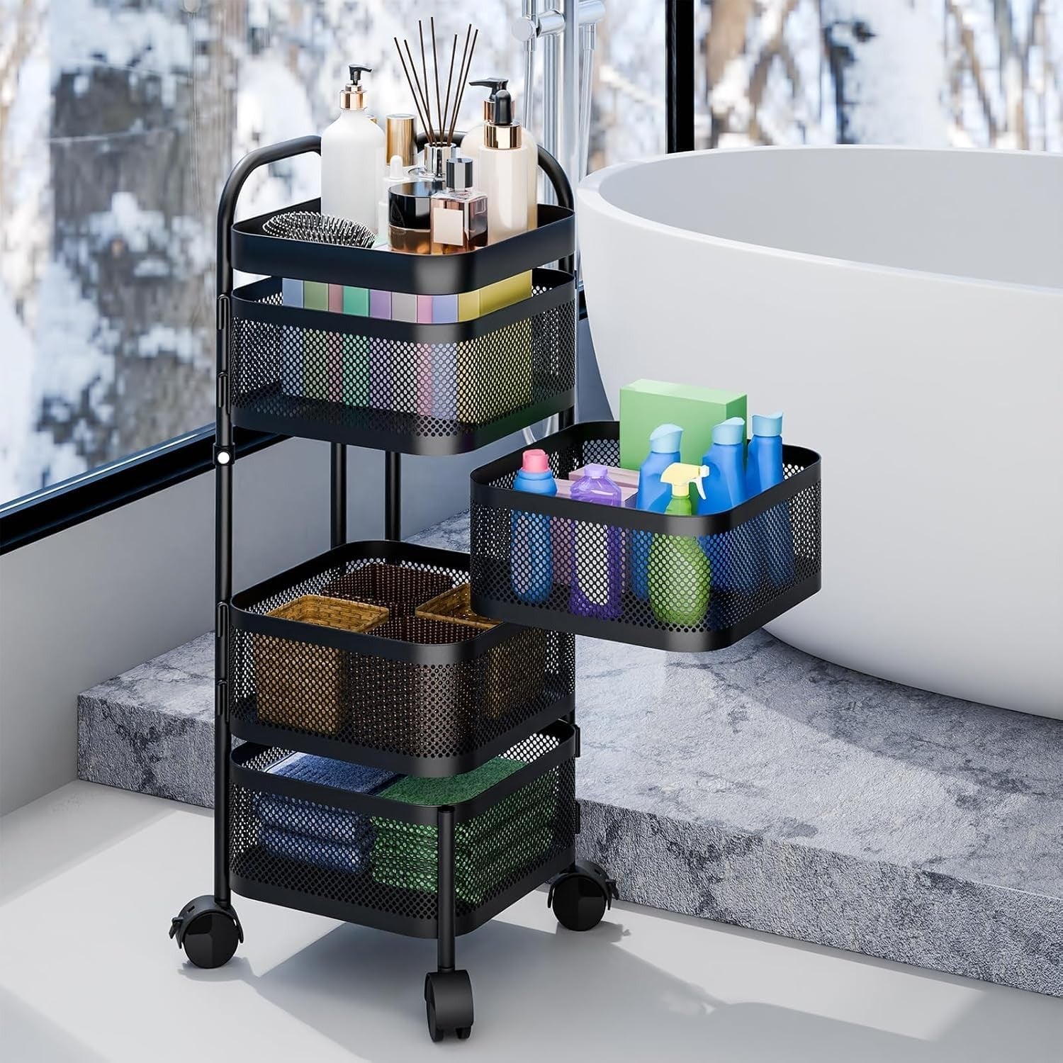 4 Tier Rotating Storage Trolley on Wheels Kitchen Bathroom Basket Rack Black