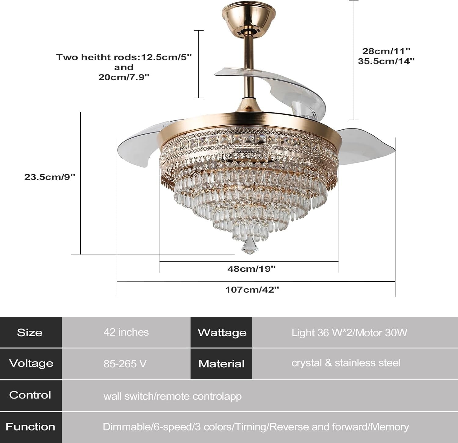 DiiSunBihuo 42"" Gold LED Fandelier, Crystal Fan, 3-Color, Memory, Remote