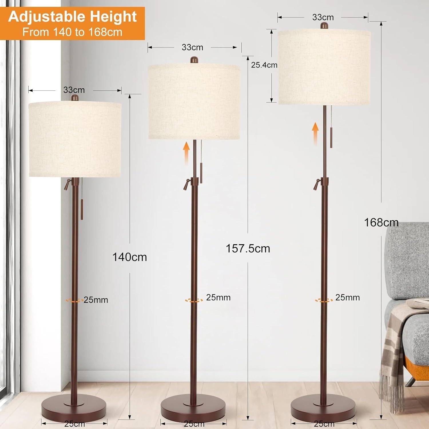 Adjustable Brown Floor Lamp with Lampshade, 3 Color Temps & Remote