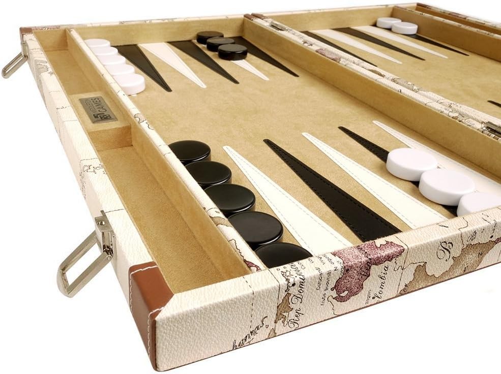 Luxury Backgammon Set 18 Inch Folding Board Travel Case World Map Design