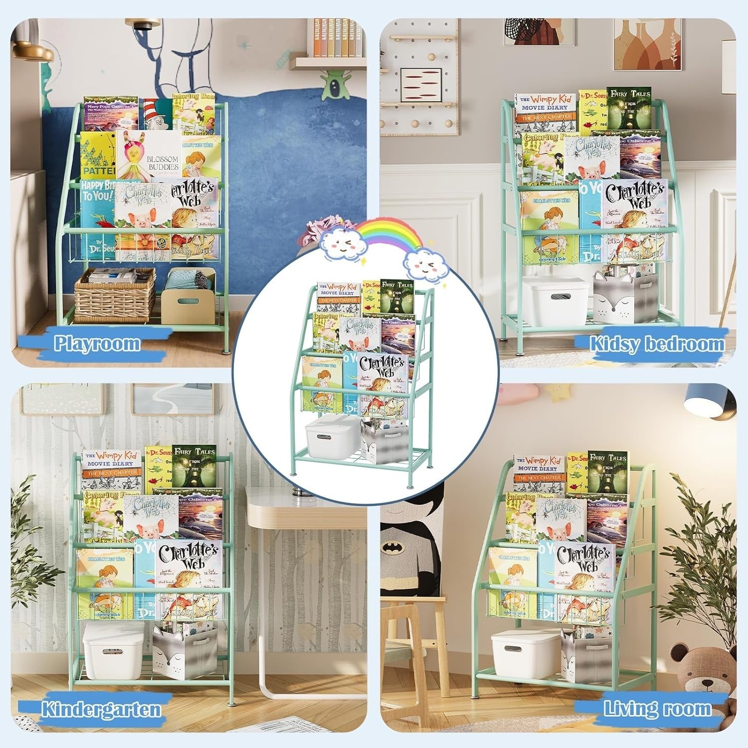 Kids Leaning Bookshelf & Toy Organizer Rack – Durable Metal, Space Saving