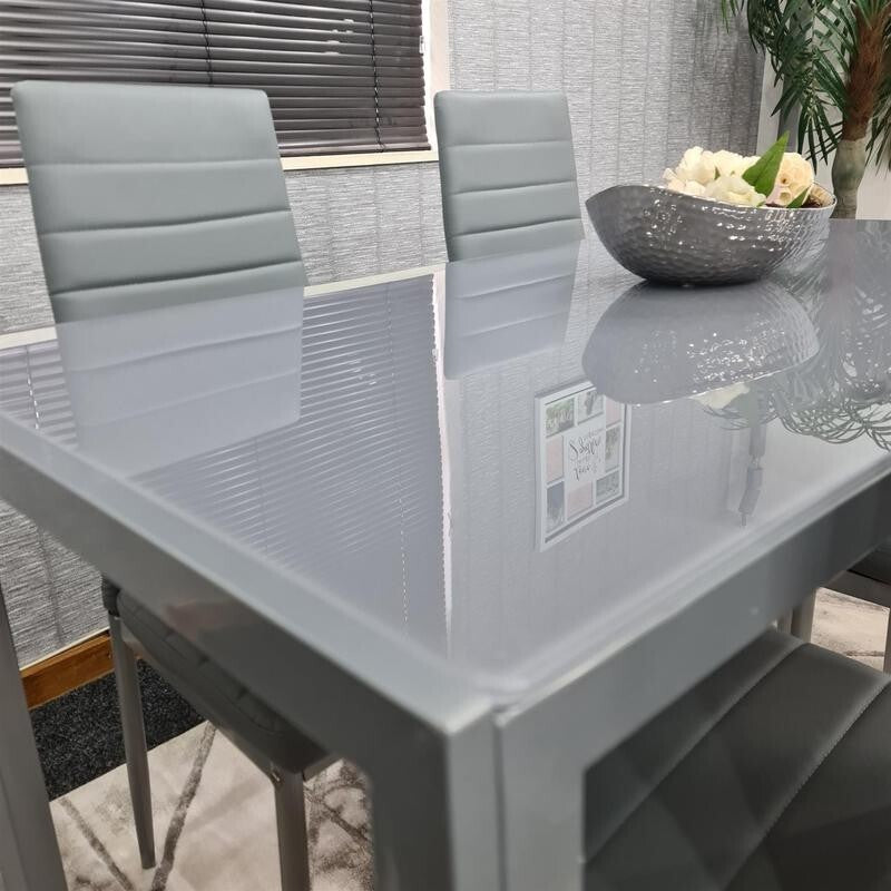 Grey Glass Dining Table Set with 4 Leather Chairs Modern Kitchen Furniture