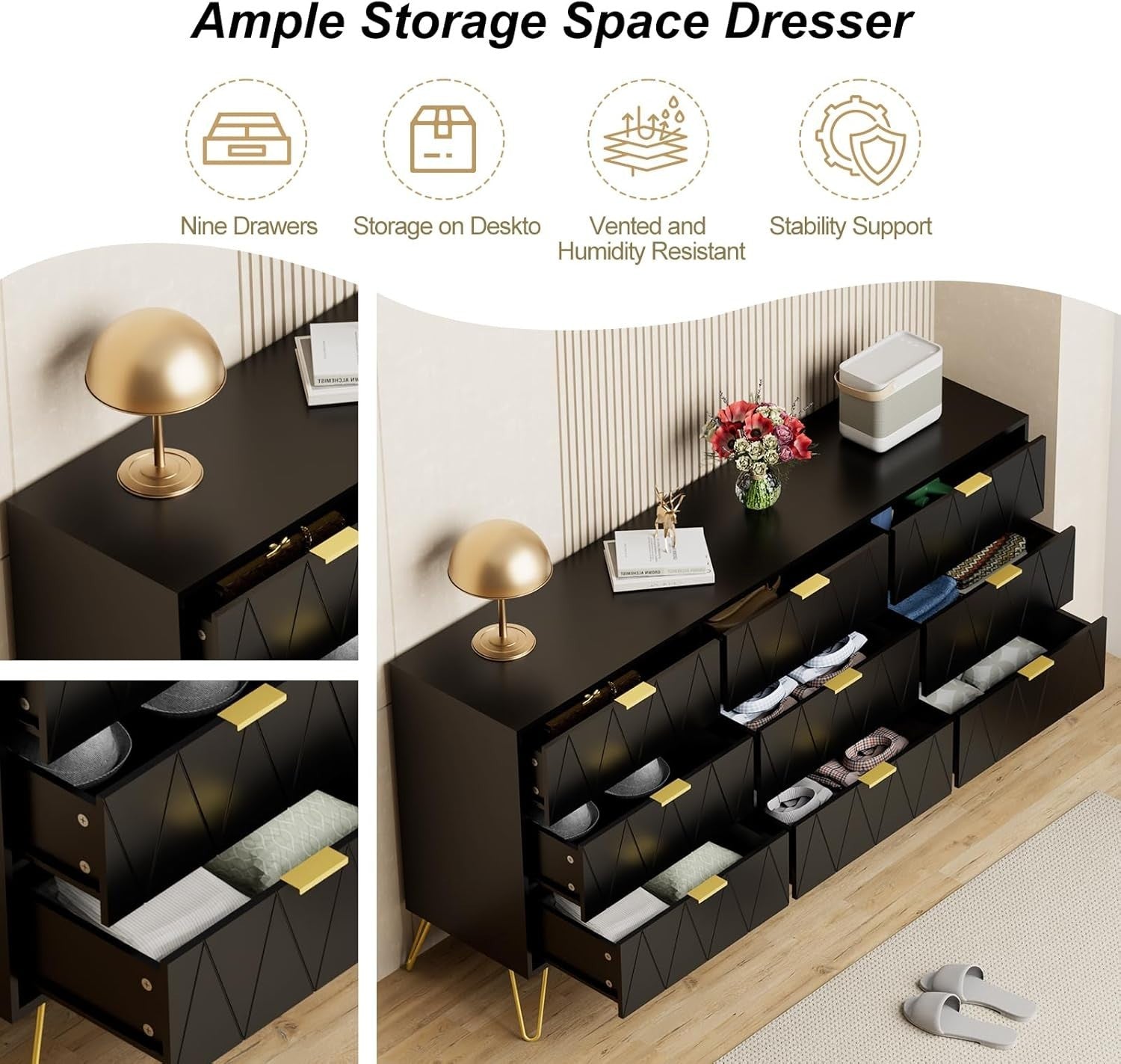 Black 9 Drawer Chest of Drawers Wide Modern Dresser Cabinet for Bedroom