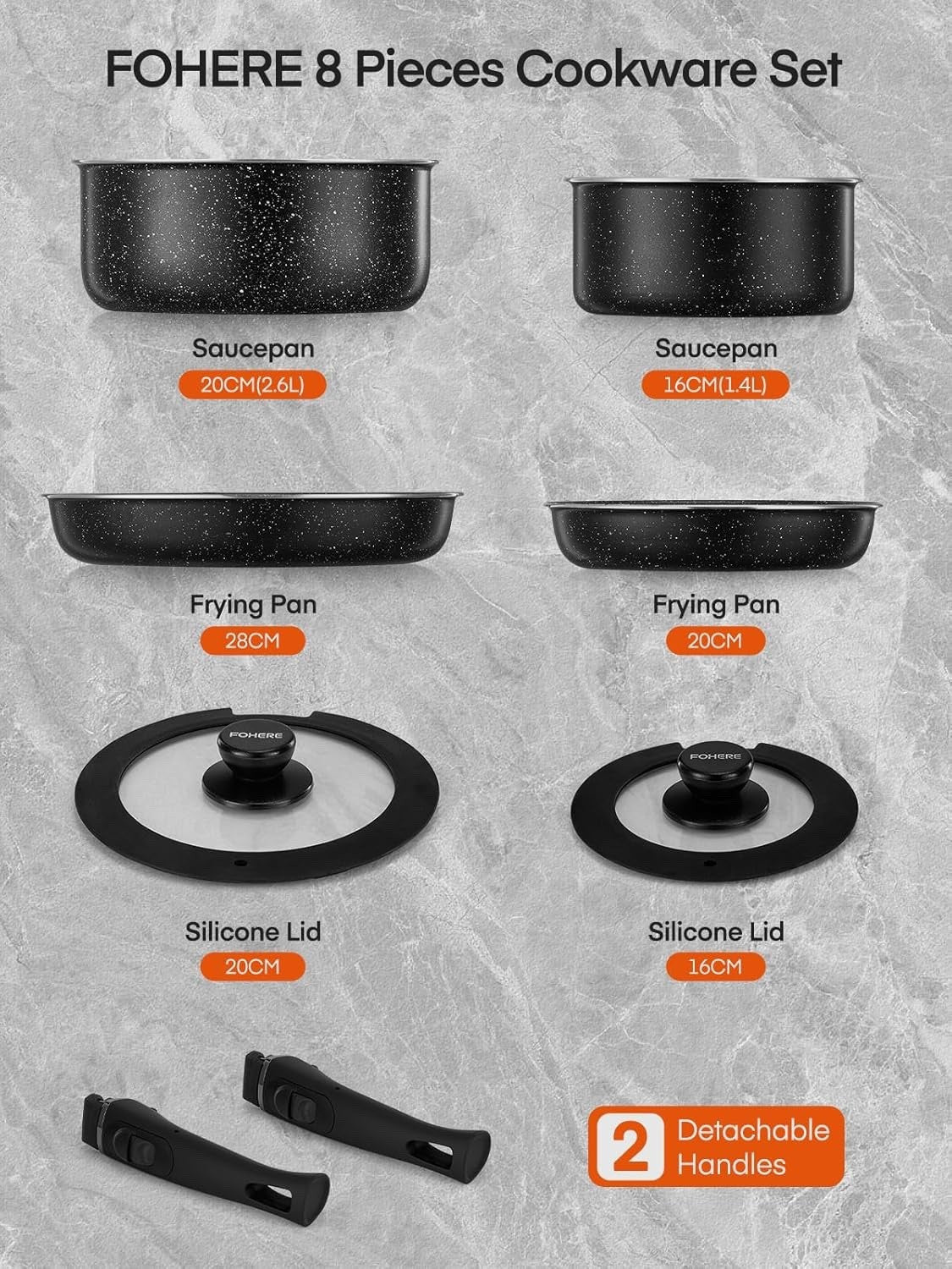 8Pcs Black Non stick Pots and Pans Set with Detachable Handles & Lids