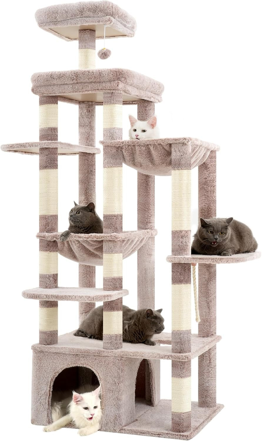 71 Inch Tall Cat Tree Mushroom Beige Large Cats Condo Tower with Hammocks