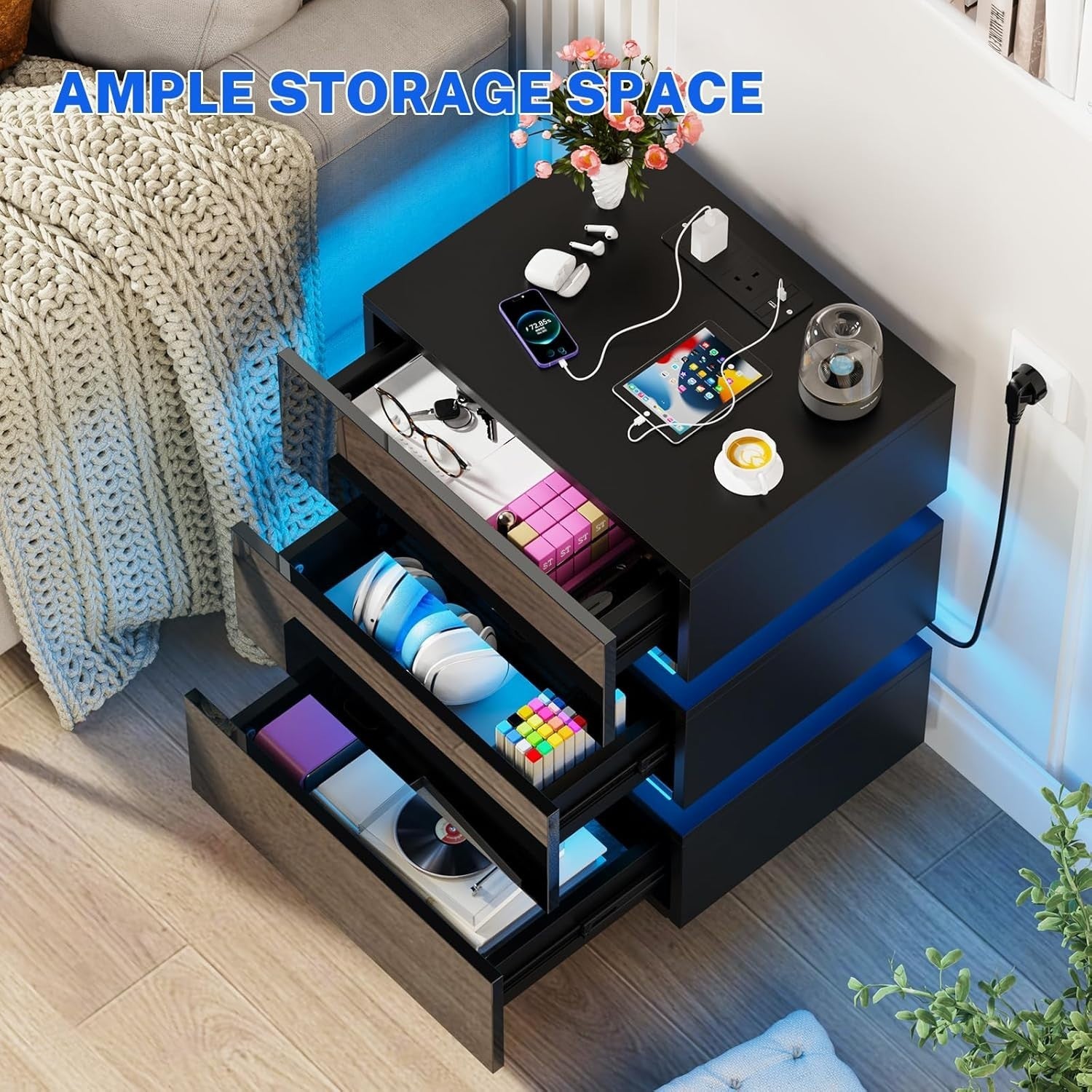 Black LED Bedside Table with USB Charging, Power Socket & 3 Drawers