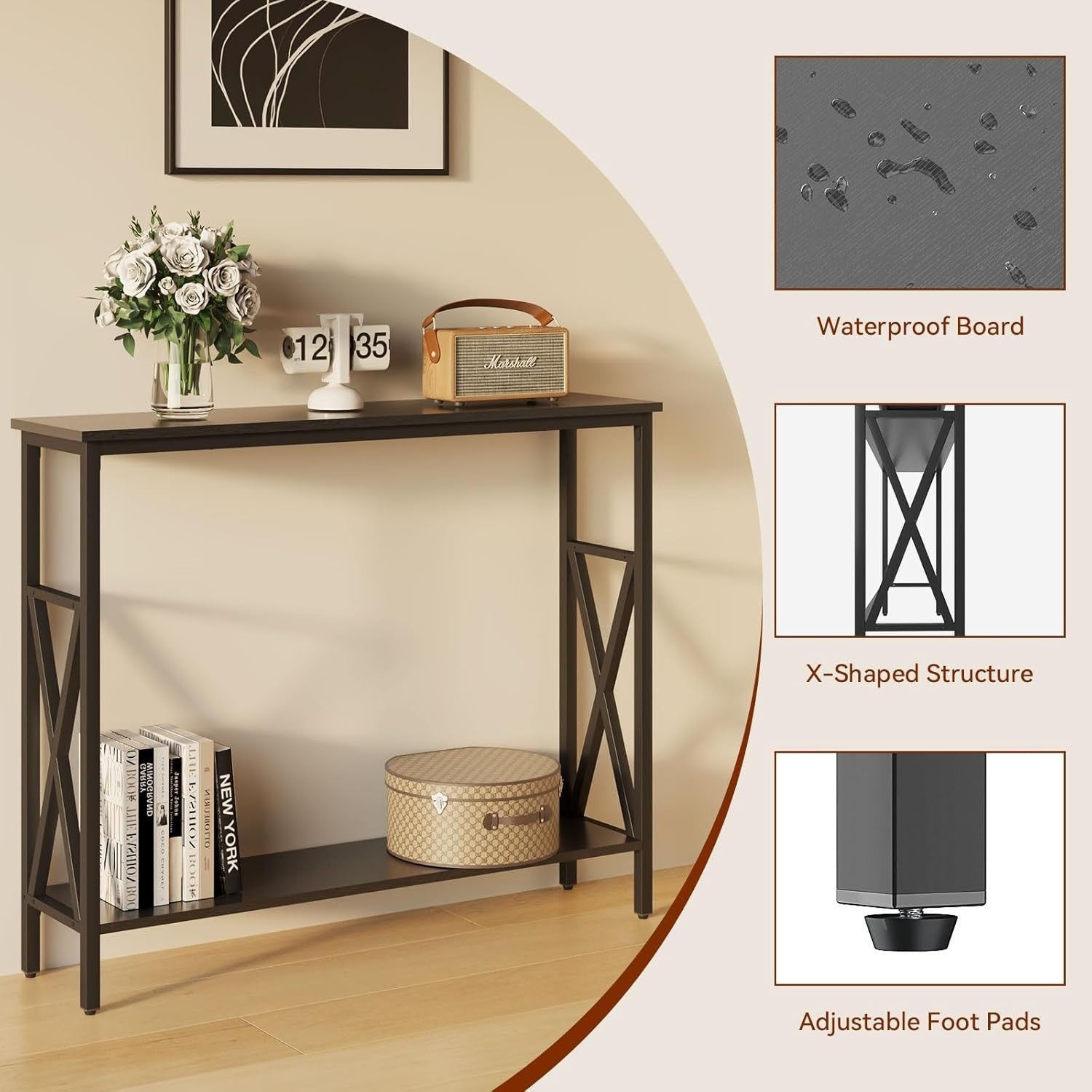 Industrial Console Table with Adjustable Feet, Metal Frame & Shelves for Small