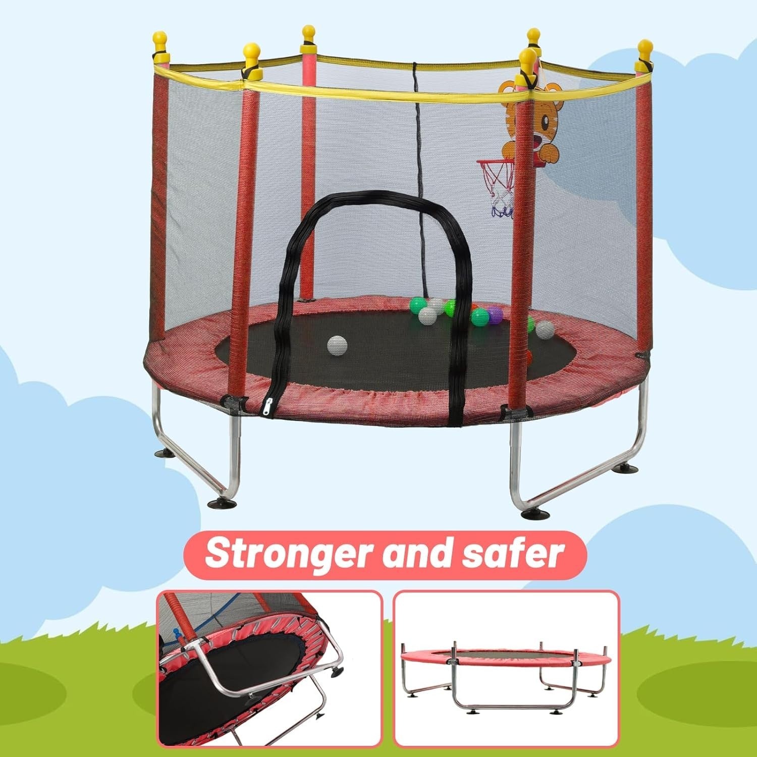 Children’s Indoor Outdoor Trampoline with Safety Net & Basketball Hoop 55in