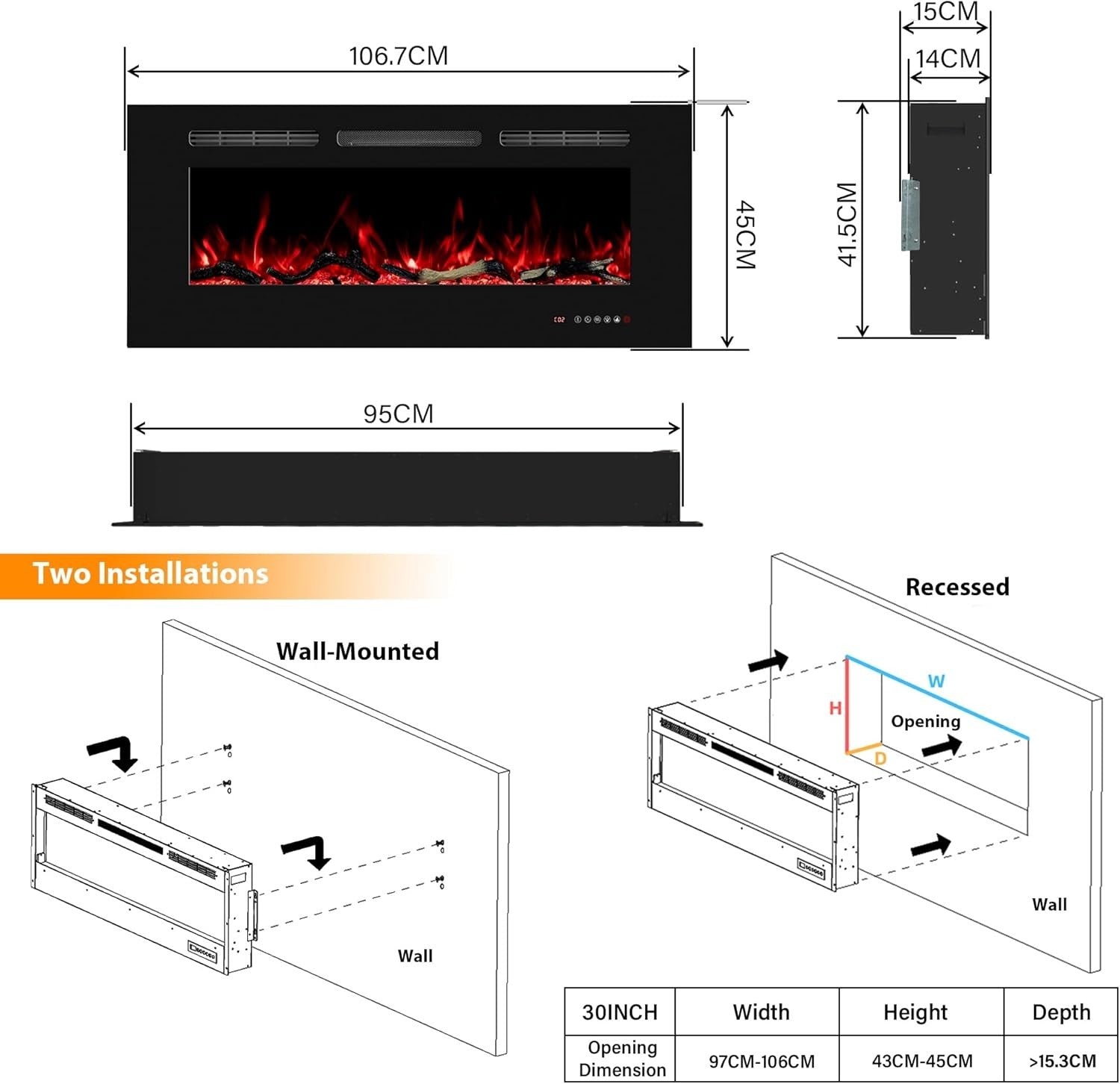 Wall Mounted Electric Fireplace Heater 42" LED Flame Remote Timer