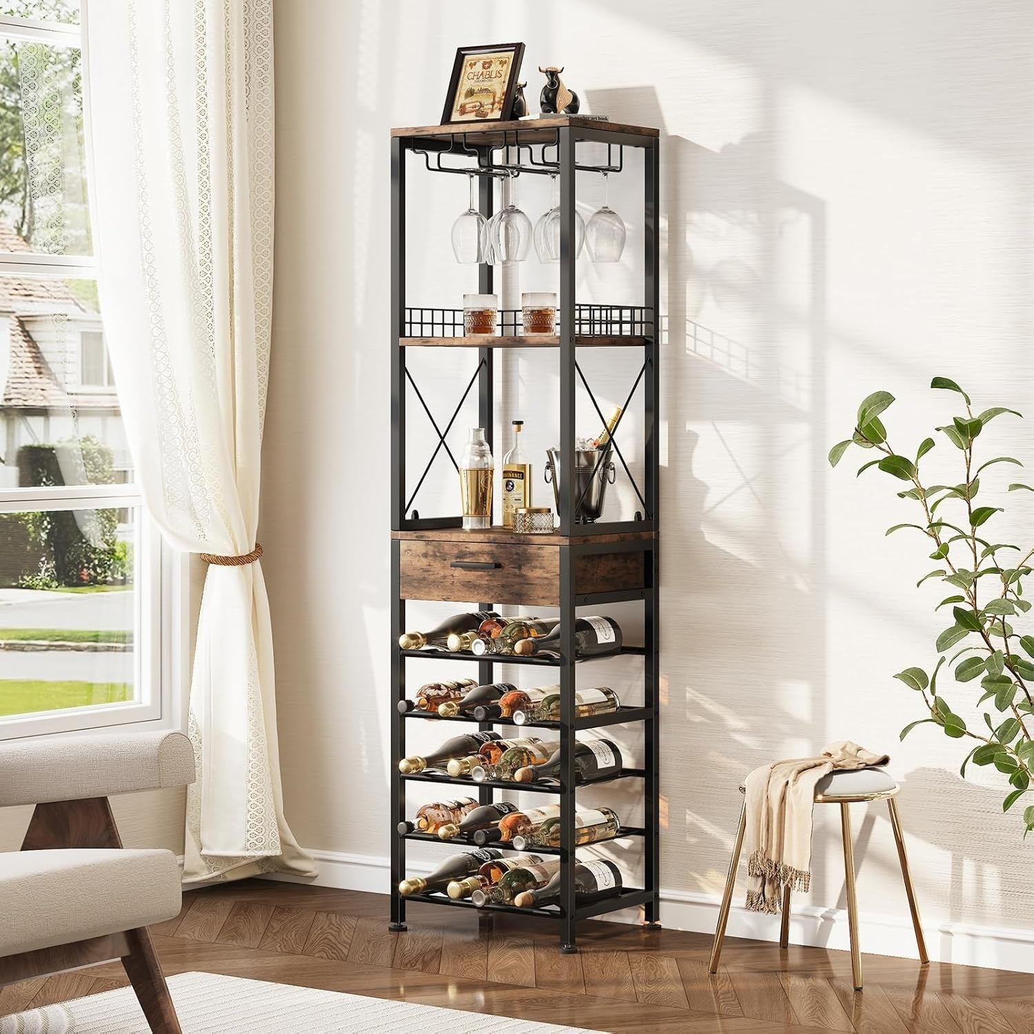 Tall Wine Rack Shelf with 20 Bottle Storage & Glass Holder Industrial Bar Unit