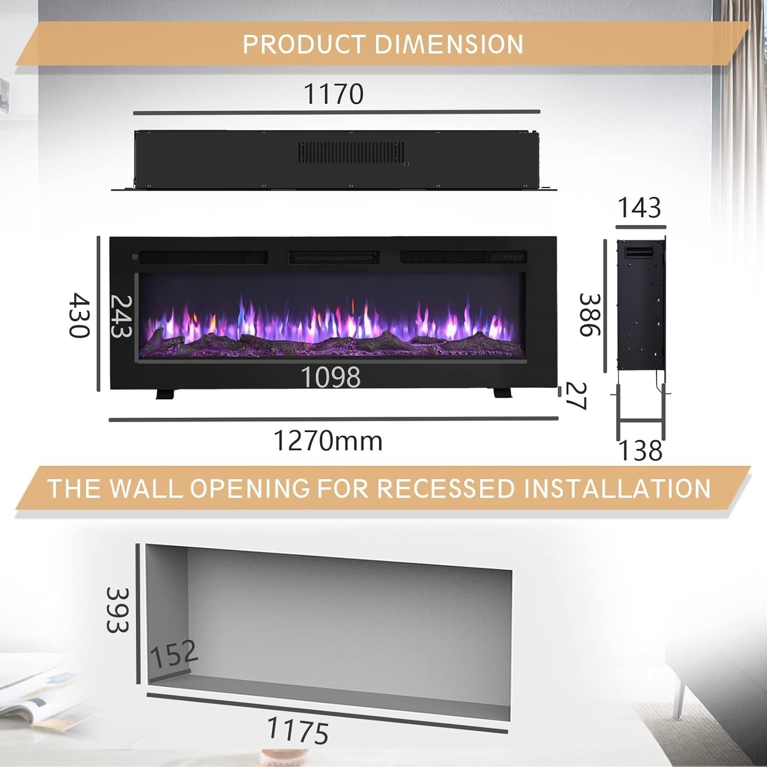 50" Wall Mounted Electric Fireplace Heater 9 Flame LED Remote 1800W
