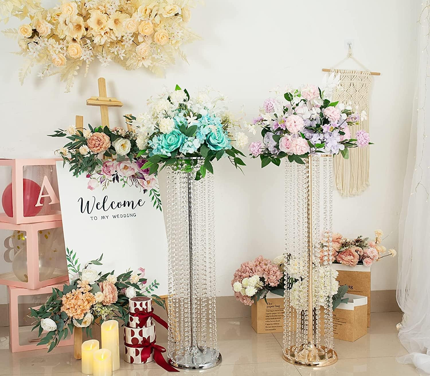 Gold Crystal Wedding Flower Stand Pair 90cm Tall Event Table Centrepiece