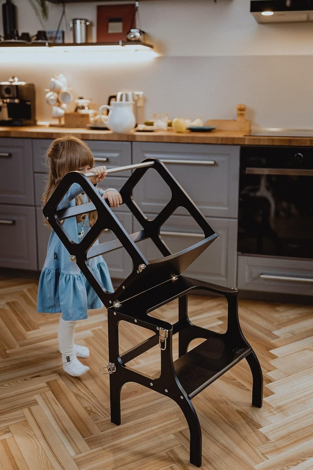 Montessori Learning Tower & Table 2-in-1 – Black Stool w/ Brass Clasps