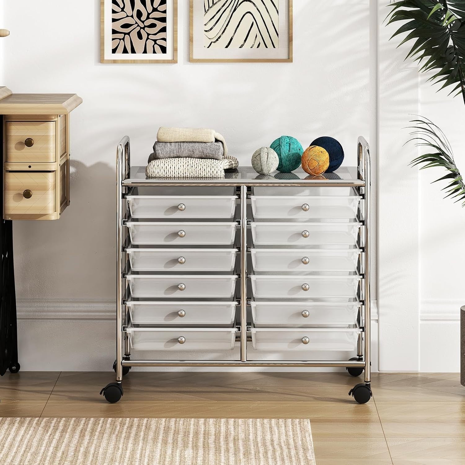 12 Drawer Rolling Storage Cart Clear Utility Trolley Lockable Wheels