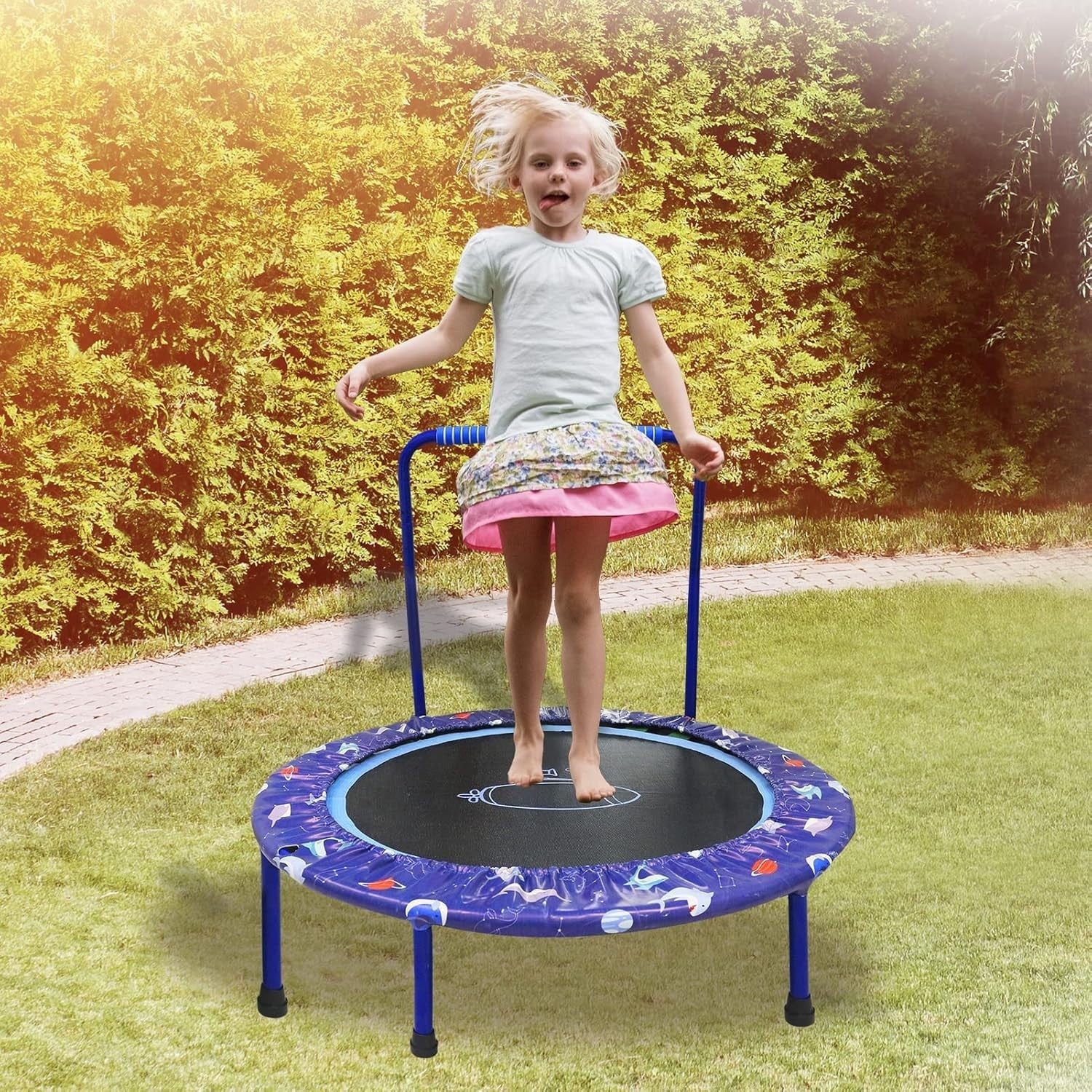 38'' Kids Mini Trampoline Foldable Quiet Rebounder Adjustable Handle Blue