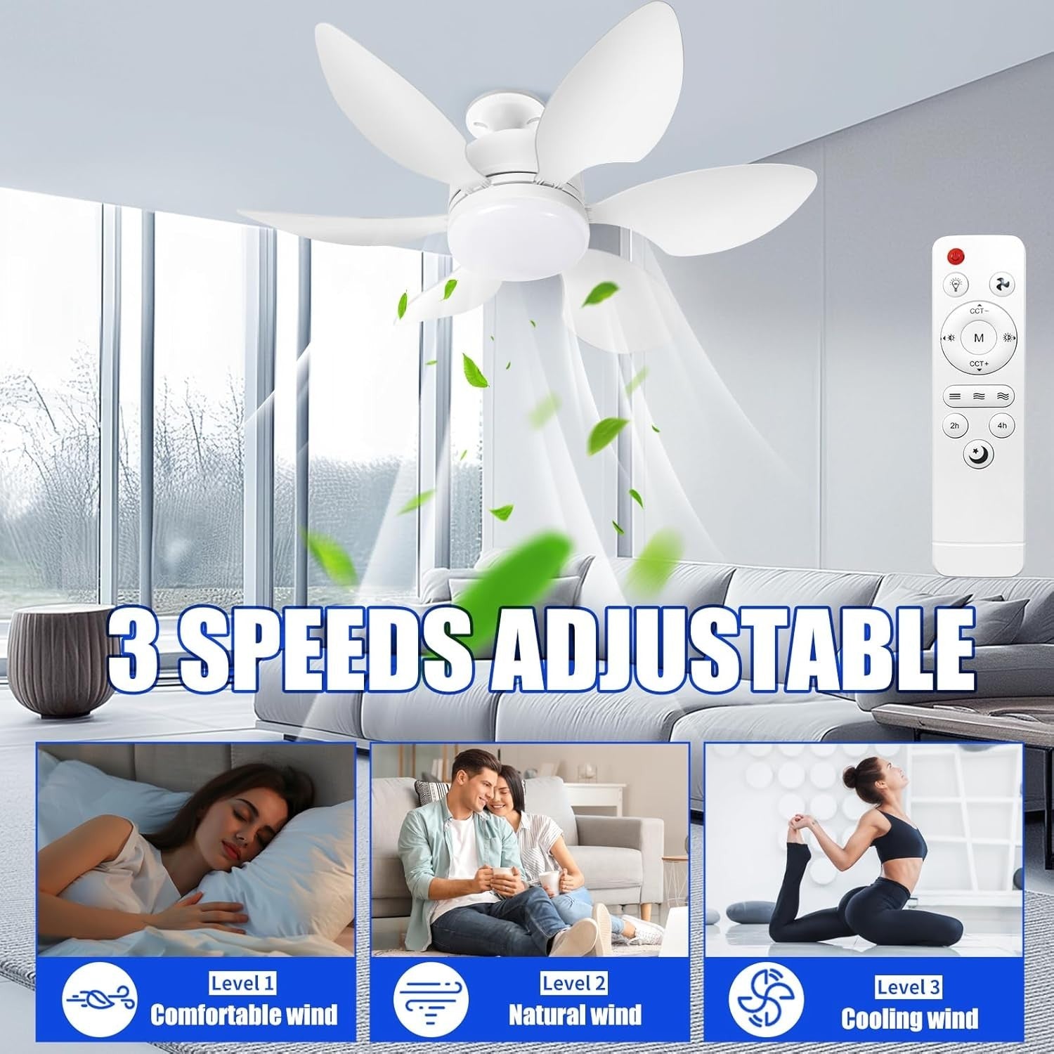 20" Ceiling Fan Light with Remote, Dimmable 30W, 3-Color 3-Speed, Quiet