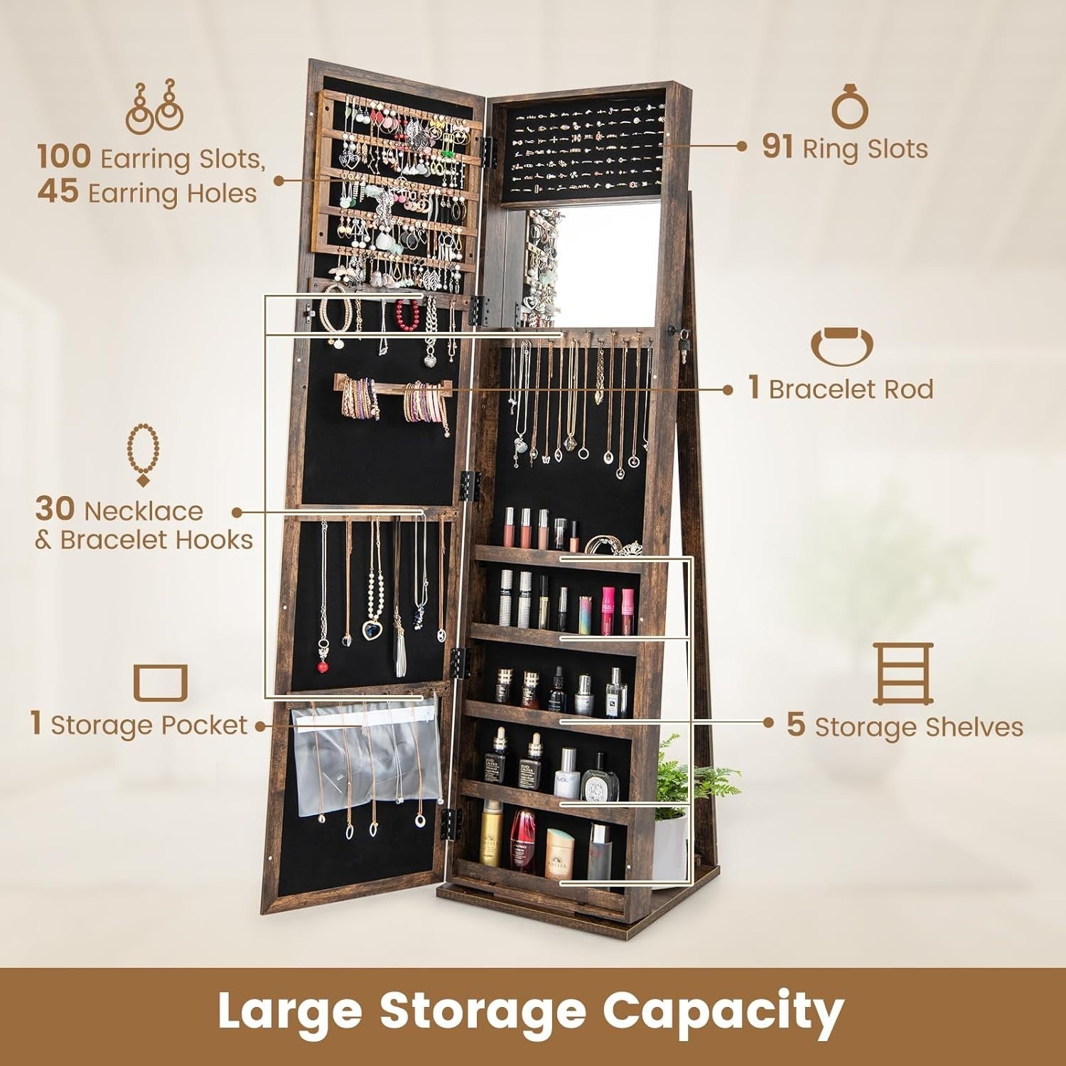 Rustic Brown Rotating Jewelry Armoire Lockable Mirror Storage Cabinet