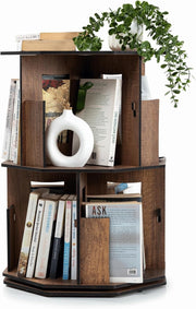 2 Tier Rotating Kids Bookshelf Walnut Corner Shelf Space-Saving Storage Organize