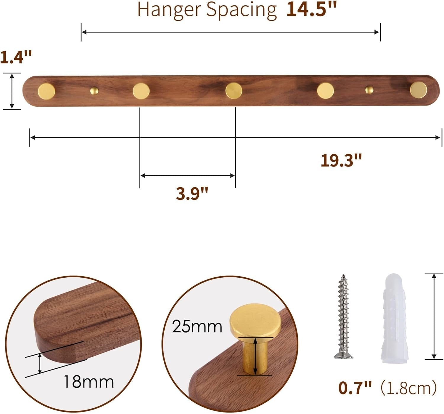 Luxury Walnut Wall Coat Rack 5 Gold Hooks Wooden Hanger Rail Hallway