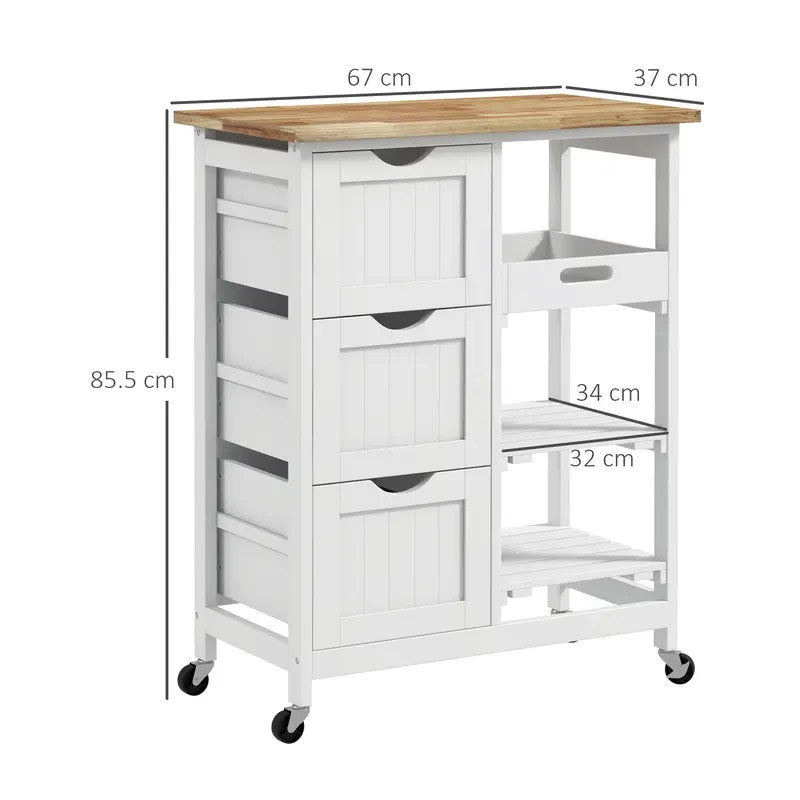 White Kitchen Island Cart with Drawers Shelves Tray & Wood Top on Wheels