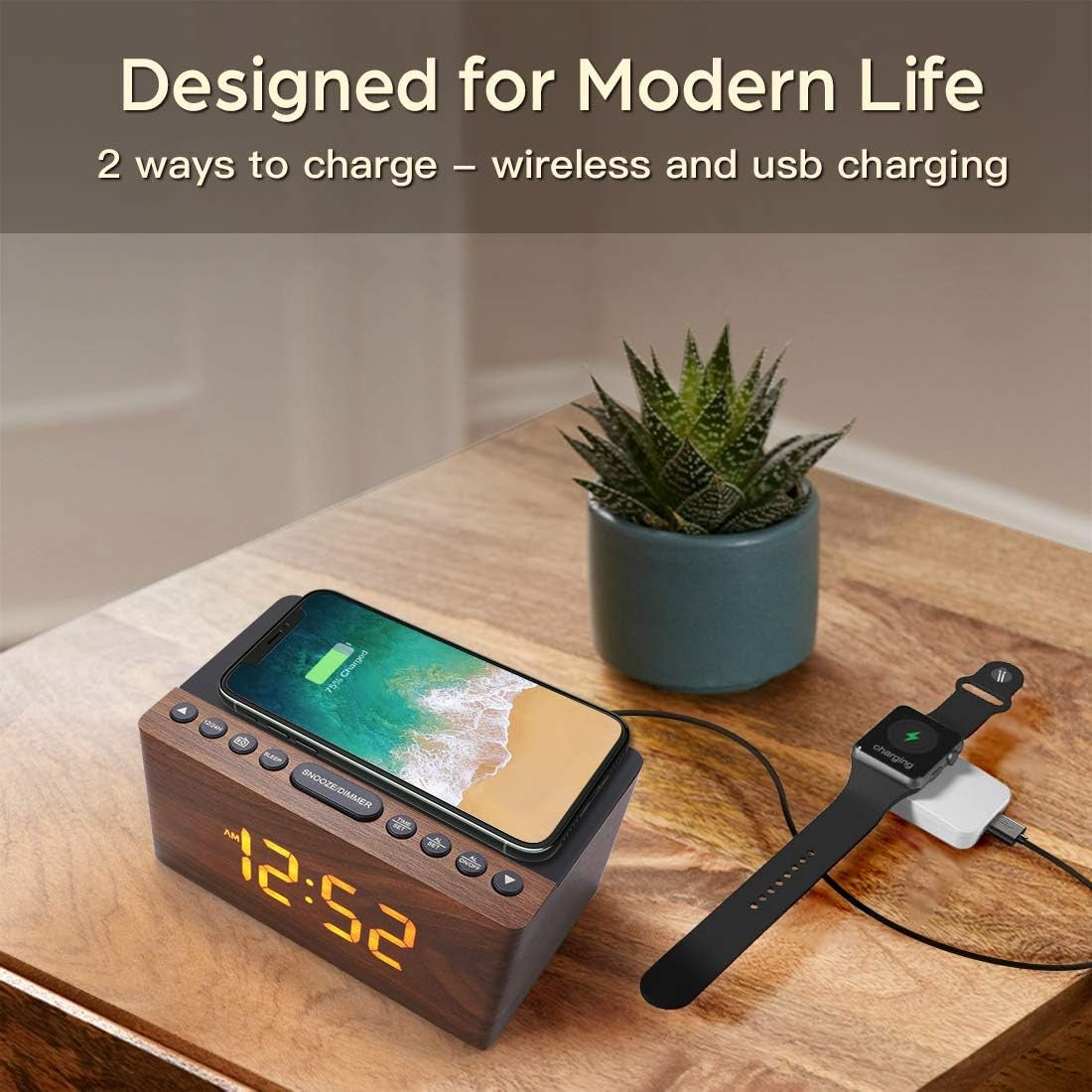 Wooden FM Radio Alarm Clock Wireless Charger USB Bedside Digital Display