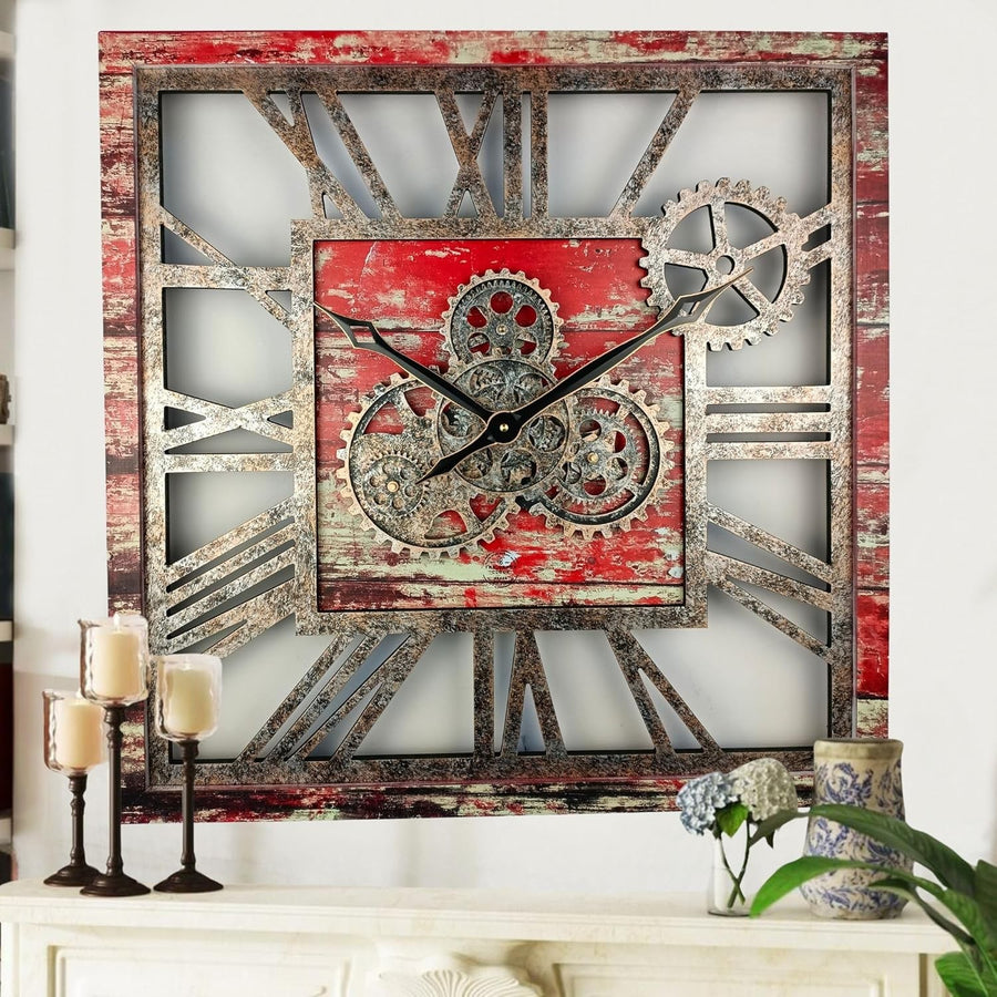 Oversized 24" Gear Wall Clock Square Red Lava Vintage Industrial Decor