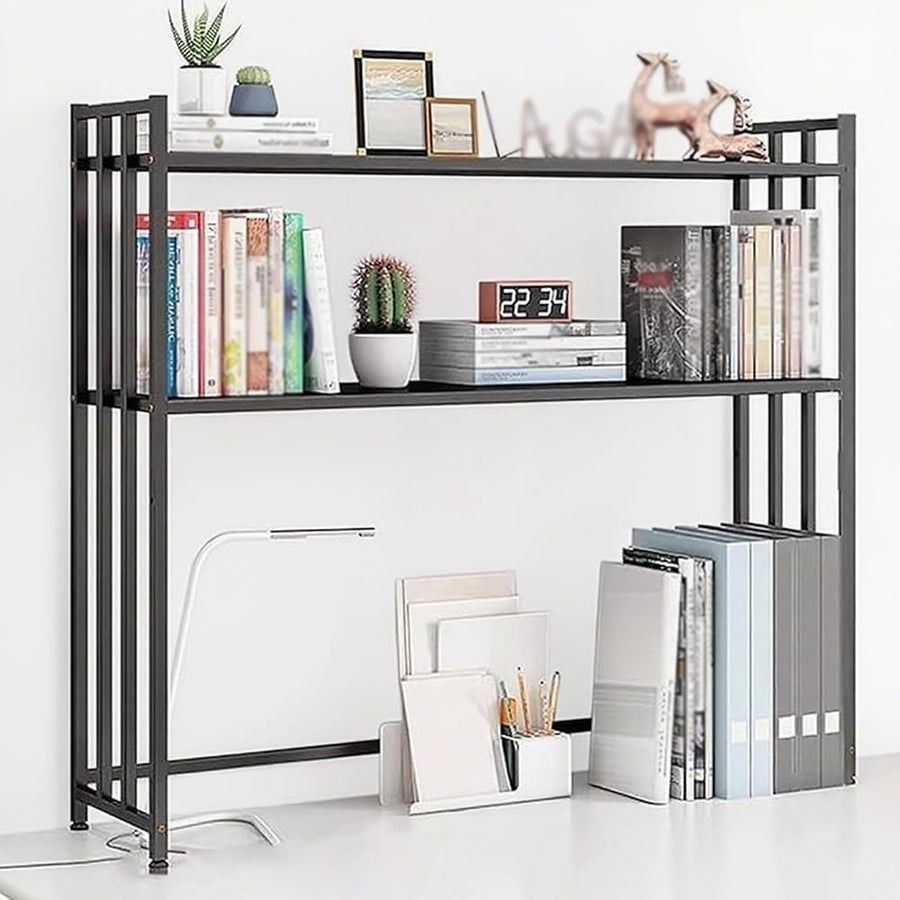 2-Tier Metal Desk Hutch Monitor Stand Adjustable Black Desktop Shelf 115×26×90cm