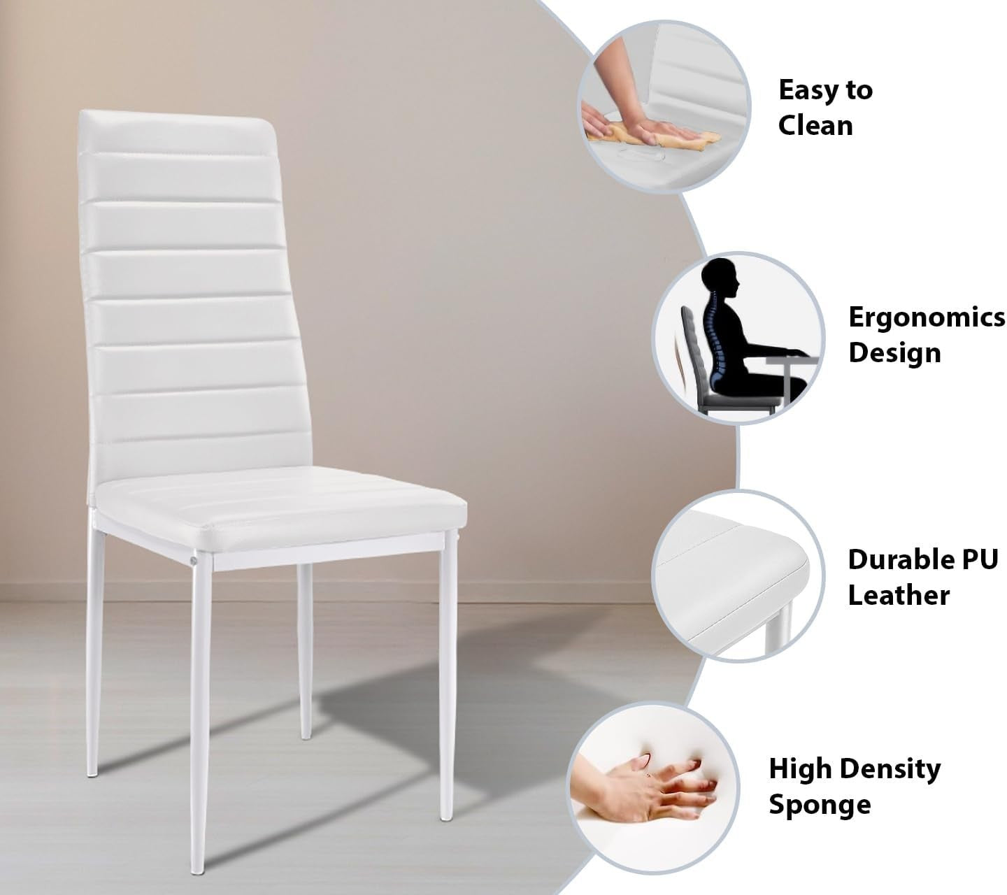 Modern White Dining Table Set 4 High Back PU Leather Chairs 120x80x75cm