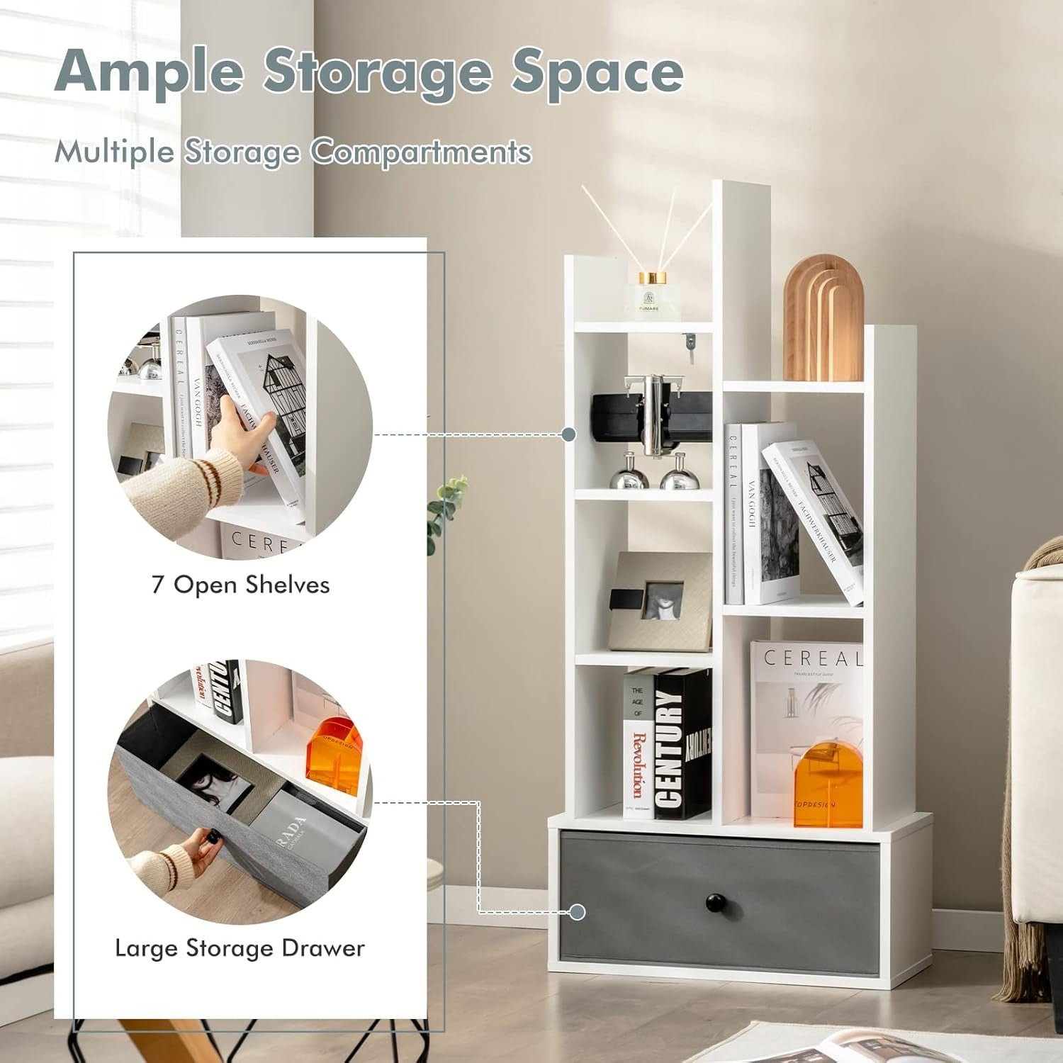 White Tree-Shaped Tall Bookcase 7 Cube Storage Shelf with Drawer 53×24×118cm